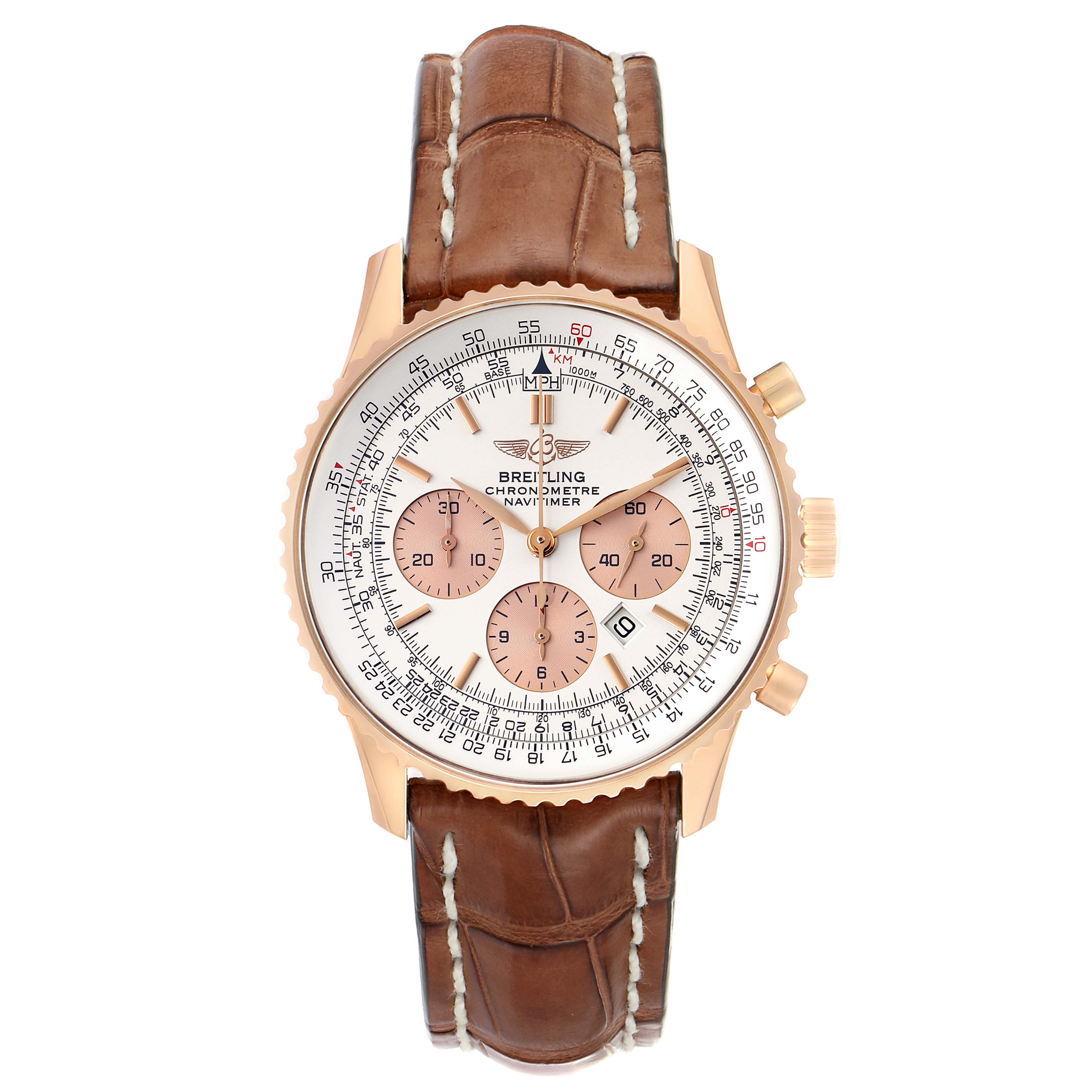 The image shows a top view of the Breitling Navitimer R41380 Men
s Rose Gold Silver Dial R41380 Men
s Rose Gold Silver Dial watch featuring a brown leather strap and a detailed dial.