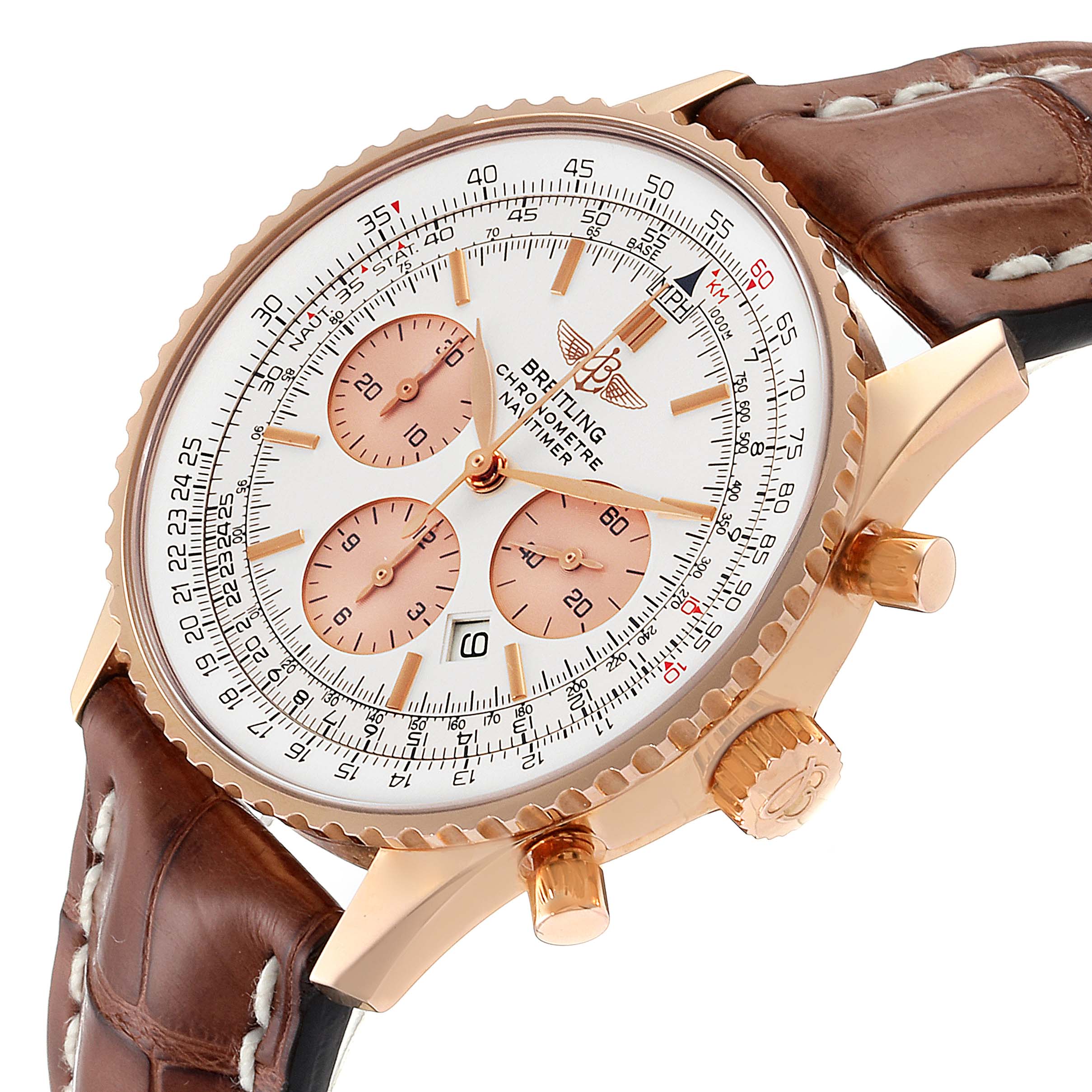 This image shows a side angle of the Breitling Navitimer R41380 Men
s Rose Gold Silver Dial R41380 Men
s Rose Gold Silver Dial watch, highlighting its dial, crown, pushers, and leather strap.