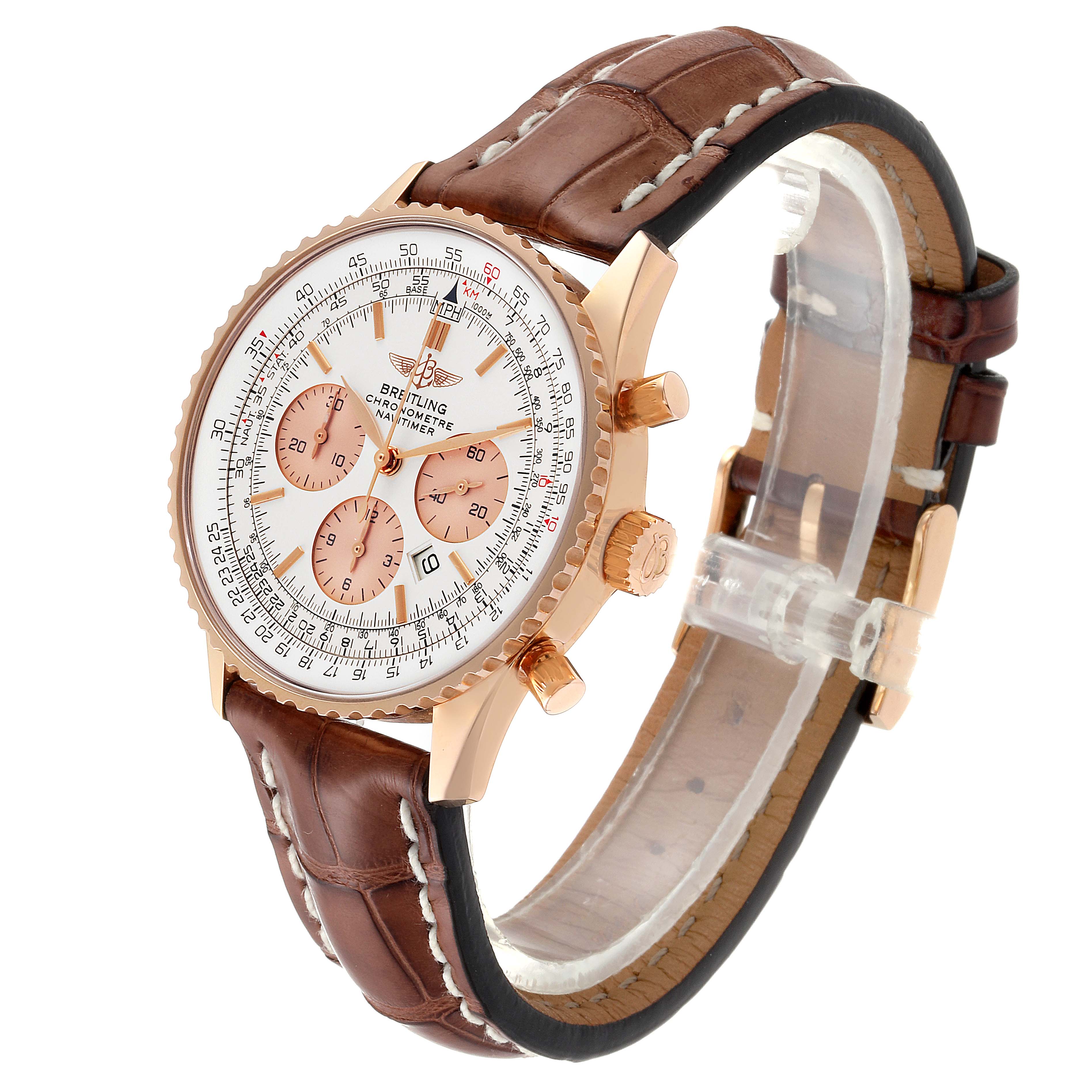 The image shows a Breitling Navitimer R41380 Men
s Rose Gold Silver Dial R41380 Men
s Rose Gold Silver Dial watch at a three-quarter angle, highlighting its dial, sub-dials, bezel, and brown leather strap.