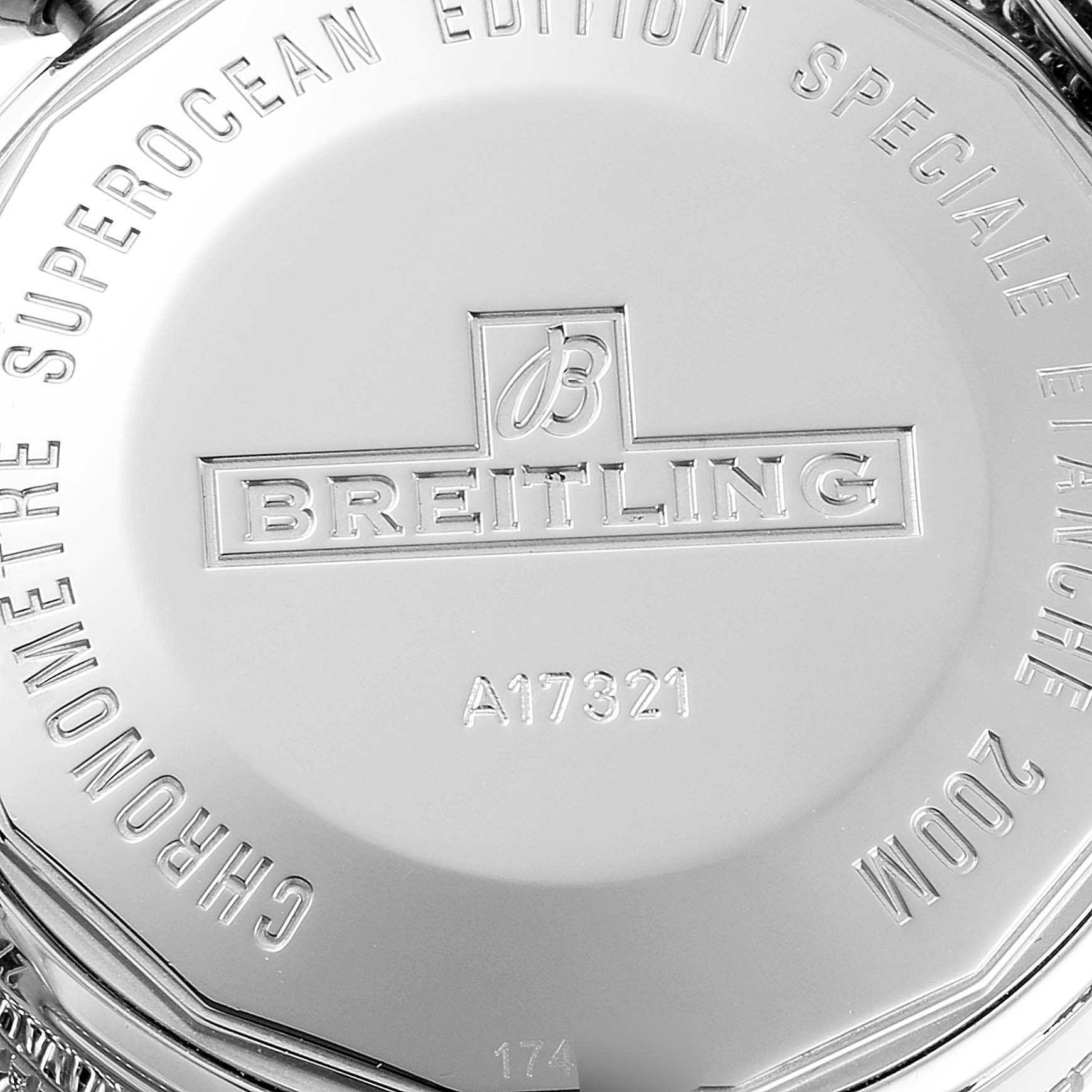 The image shows a close-up view of the case back of a Breitling Superocean A17321 Men
s Stainless Steel Black Dial A17321 Men
s Stainless Steel Black Dial model.