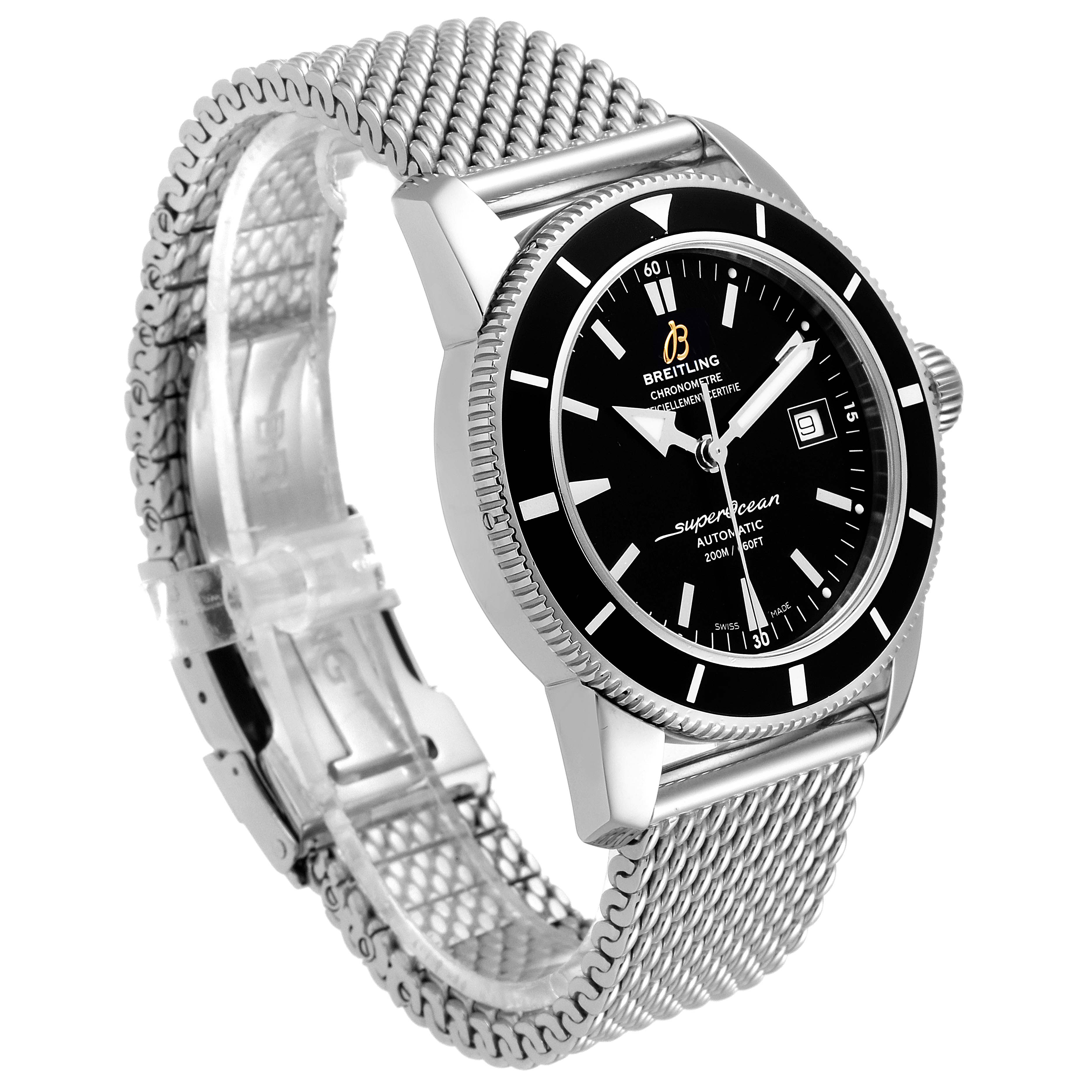 This image shows a Breitling Superocean A17321 Men
s Stainless Steel Black Dial A17321 Men
s Stainless Steel Black Dial watch at a three-quarter angle, showcasing its dial, bezel, case, and stainless steel mesh bracelet.