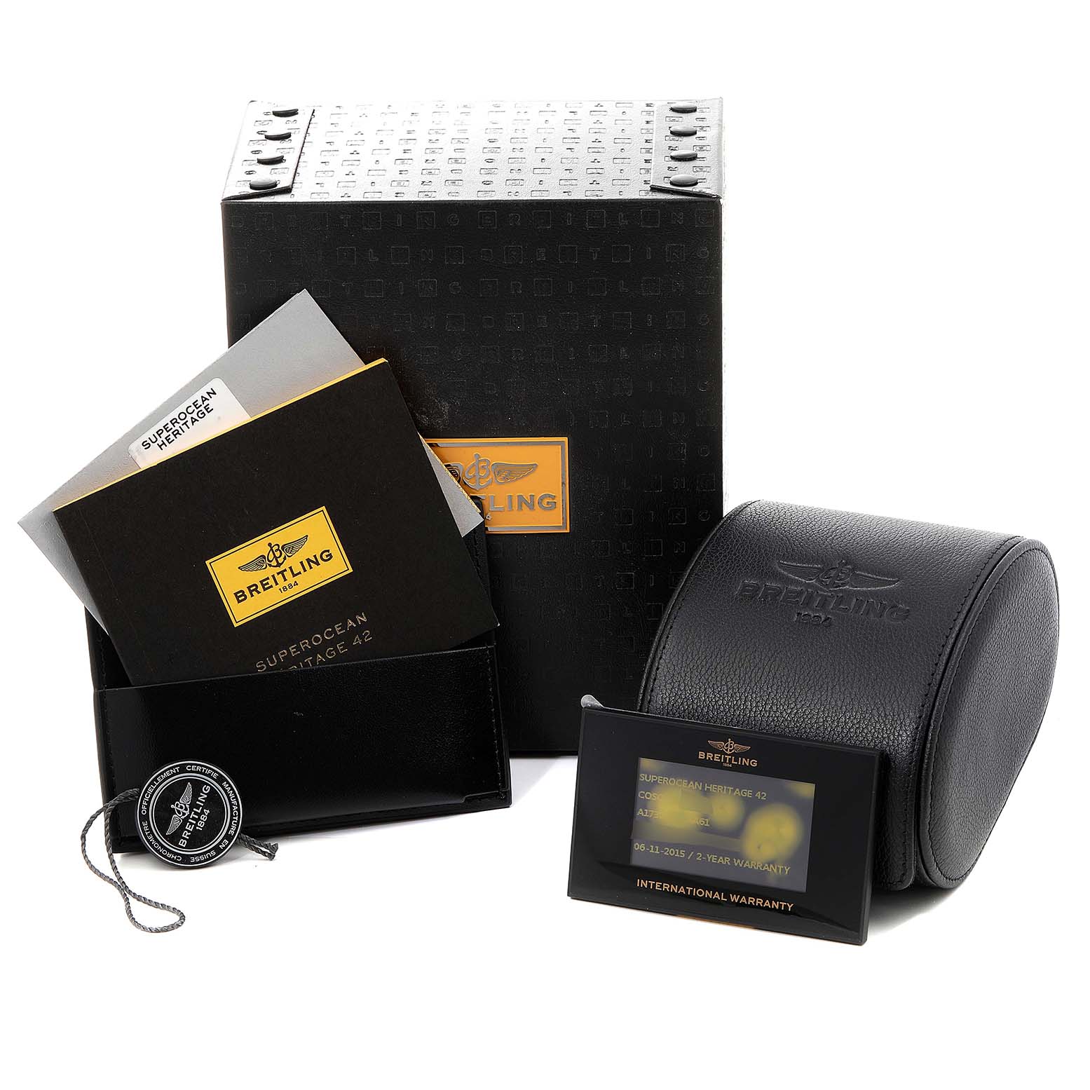The image shows the packaging, documentation, warranty card, and case for the Breitling Superocean A17321 Men
s Stainless Steel Black Dial A17321 Men
s Stainless Steel Black Dial watch model.