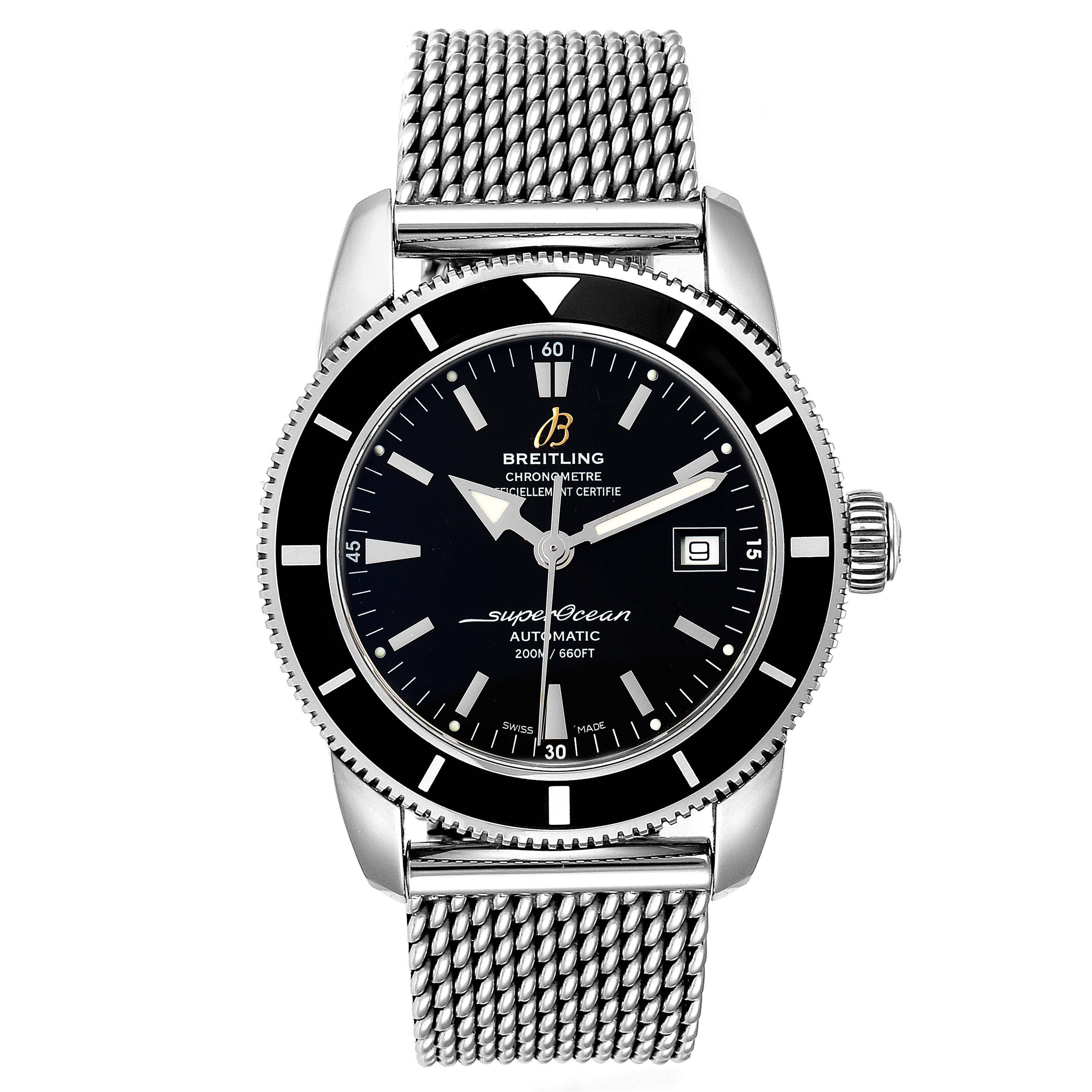 The image shows a front view of the Breitling Superocean A17321 Men
s Stainless Steel Black Dial A17321 Men
s Stainless Steel Black Dial watch, displaying its face, bezel, case, and mesh strap.