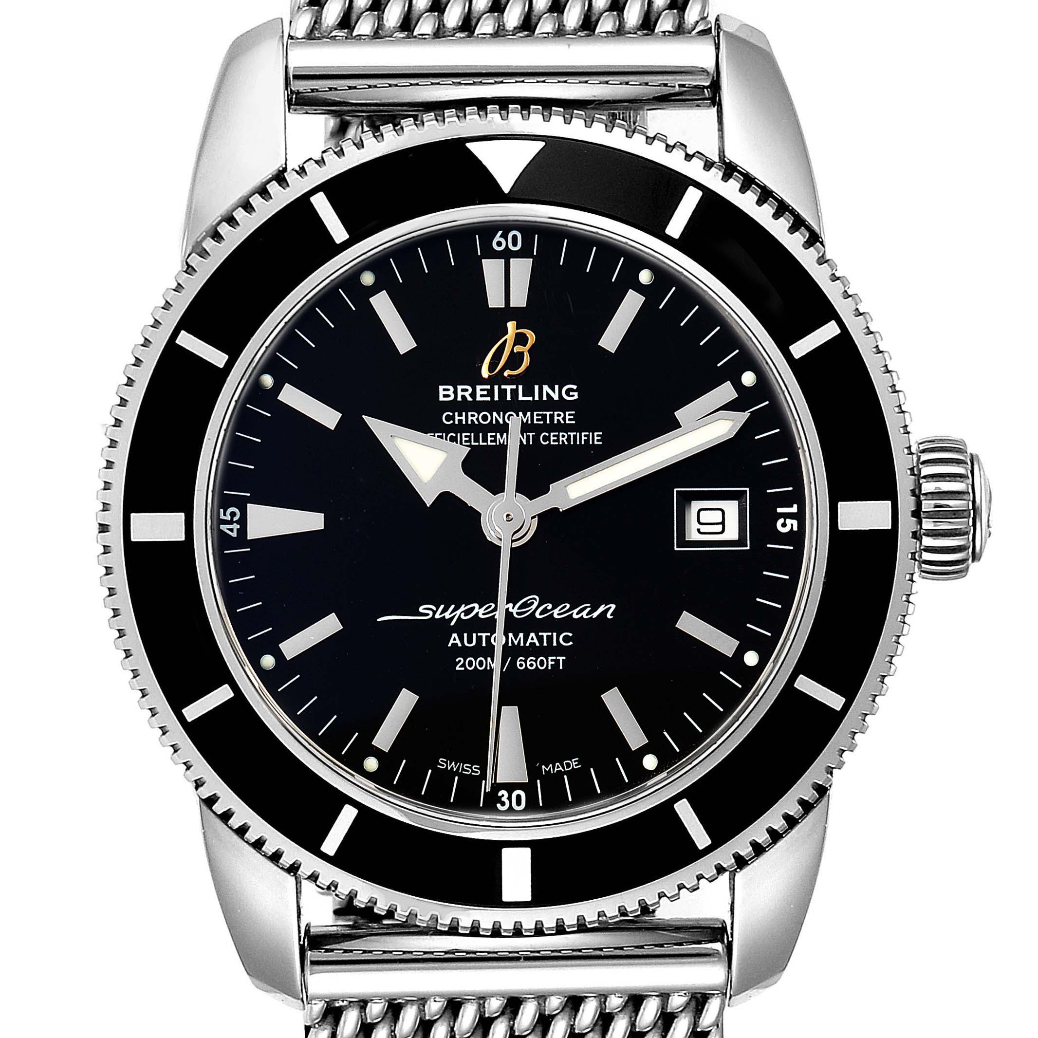 The image shows a front, close-up view of a Breitling Superocean A17321 Men
s Stainless Steel Black Dial A17321 Men
s Stainless Steel Black Dial watch, highlighting the dial, bezel, and a portion of the strap.