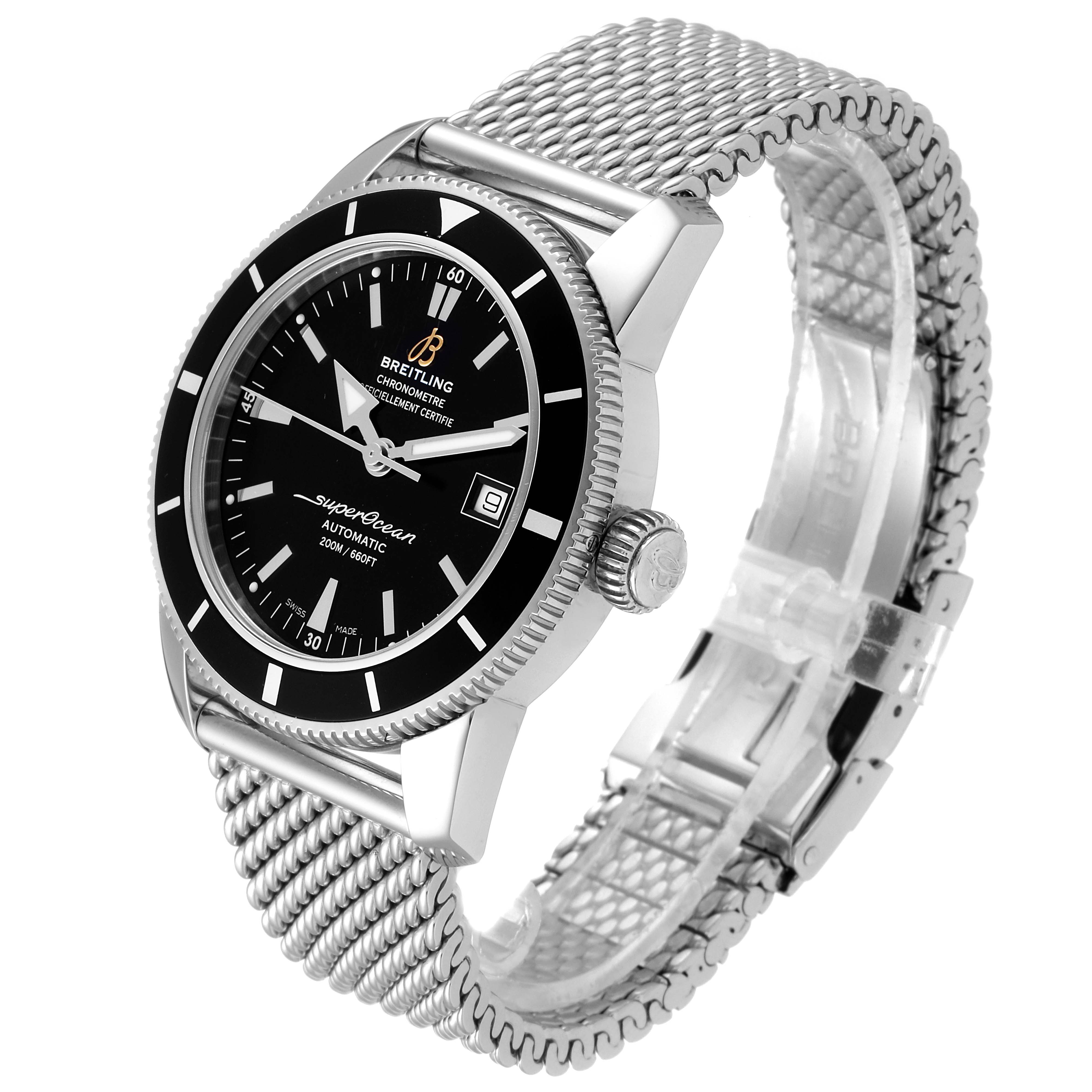 The Breitling Superocean A17321 Men
s Stainless Steel Black Dial A17321 Men
s Stainless Steel Black Dial watch is shown at a three-quarter angle, displaying its face, bezel, and stainless steel mesh bracelet.