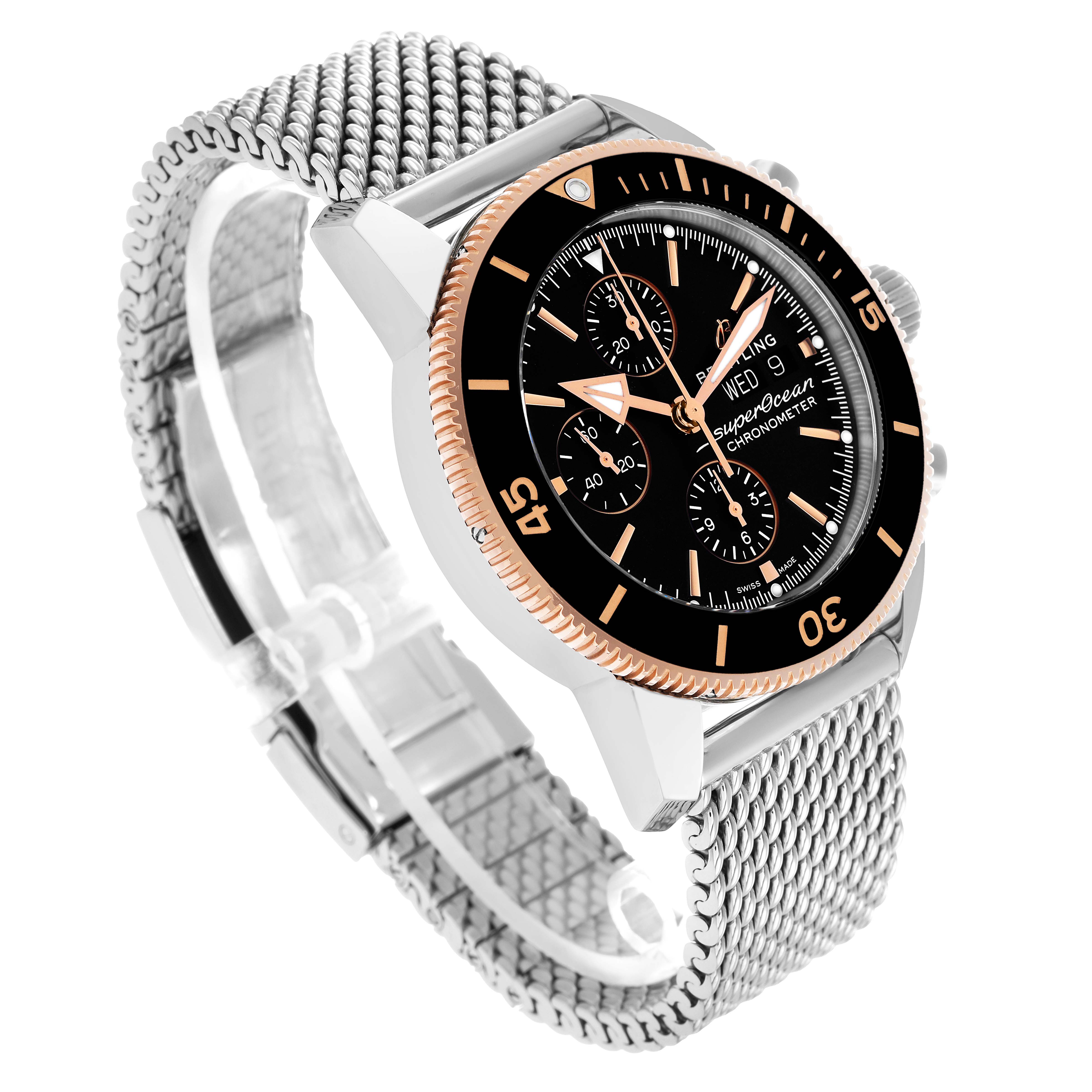 The image shows a Breitling Superocean U13313 Men's Stainless Steel Black Dial watch at a slight angle, highlighting its face, bezel, and metal mesh strap.