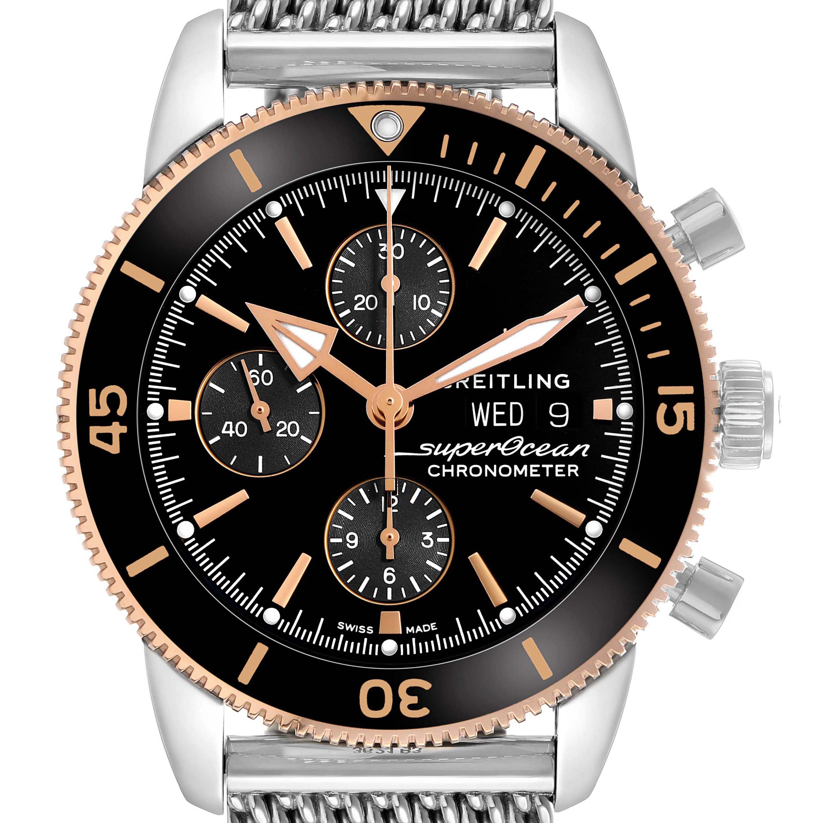 The Breitling Superocean U13313 Men's Steel and Gold (two tone) Black Dial watch is shown from a front angle, displaying the dial, bezel, and part of the band.
