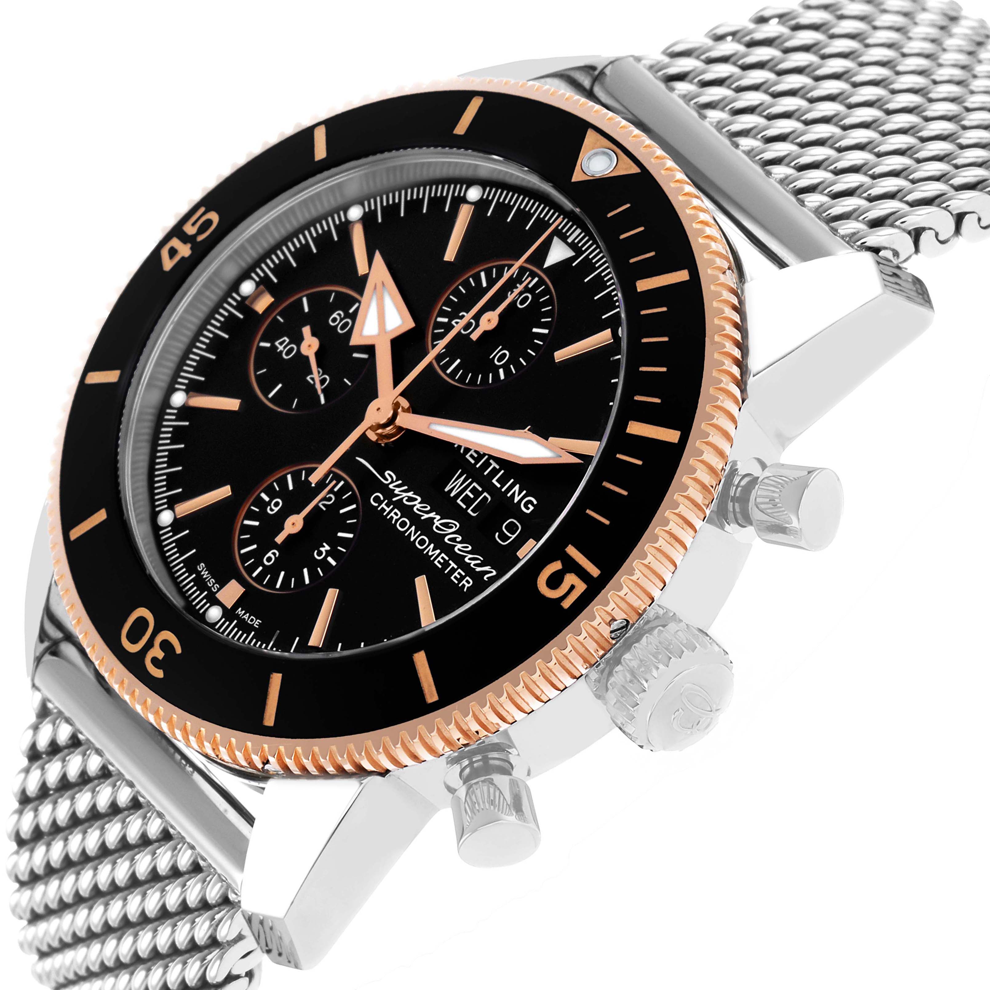 The Breitling Superocean U13313 Men's Stainless Steel Black Dial watch is shown at an angle highlighting the bezel, crown, pushers, and mesh strap.