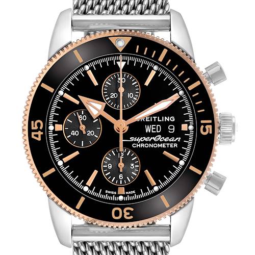 The Breitling Superocean U13313 Men's Stainless Steel Black Dial watch is shown from a front angle, highlighting its dial, bezel, crown, and mesh strap.
