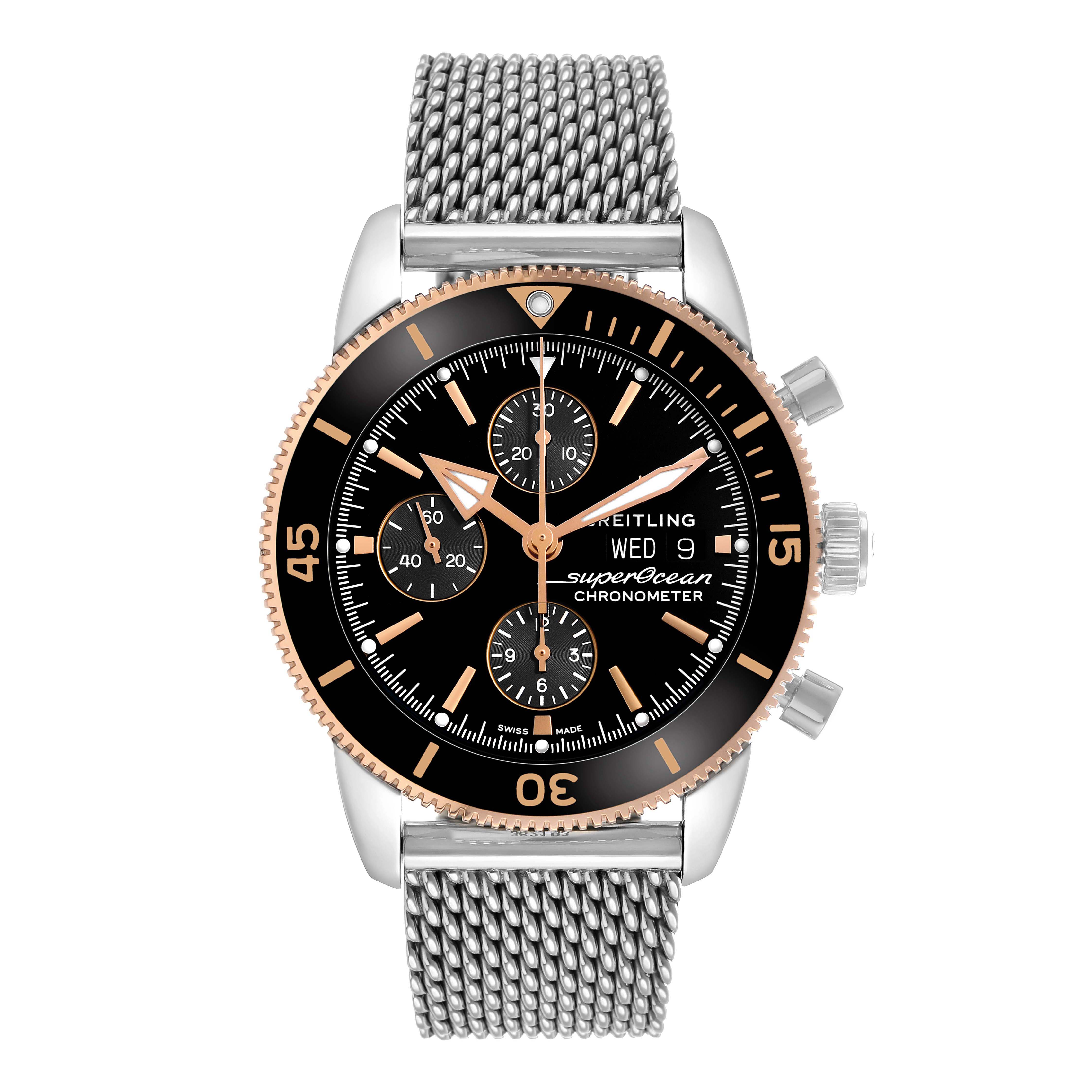The Breitling Superocean U13313 Men's Stainless Steel Black Dial watch is shown from a top view, highlighting the dial, bezel, mesh strap, and side crown.