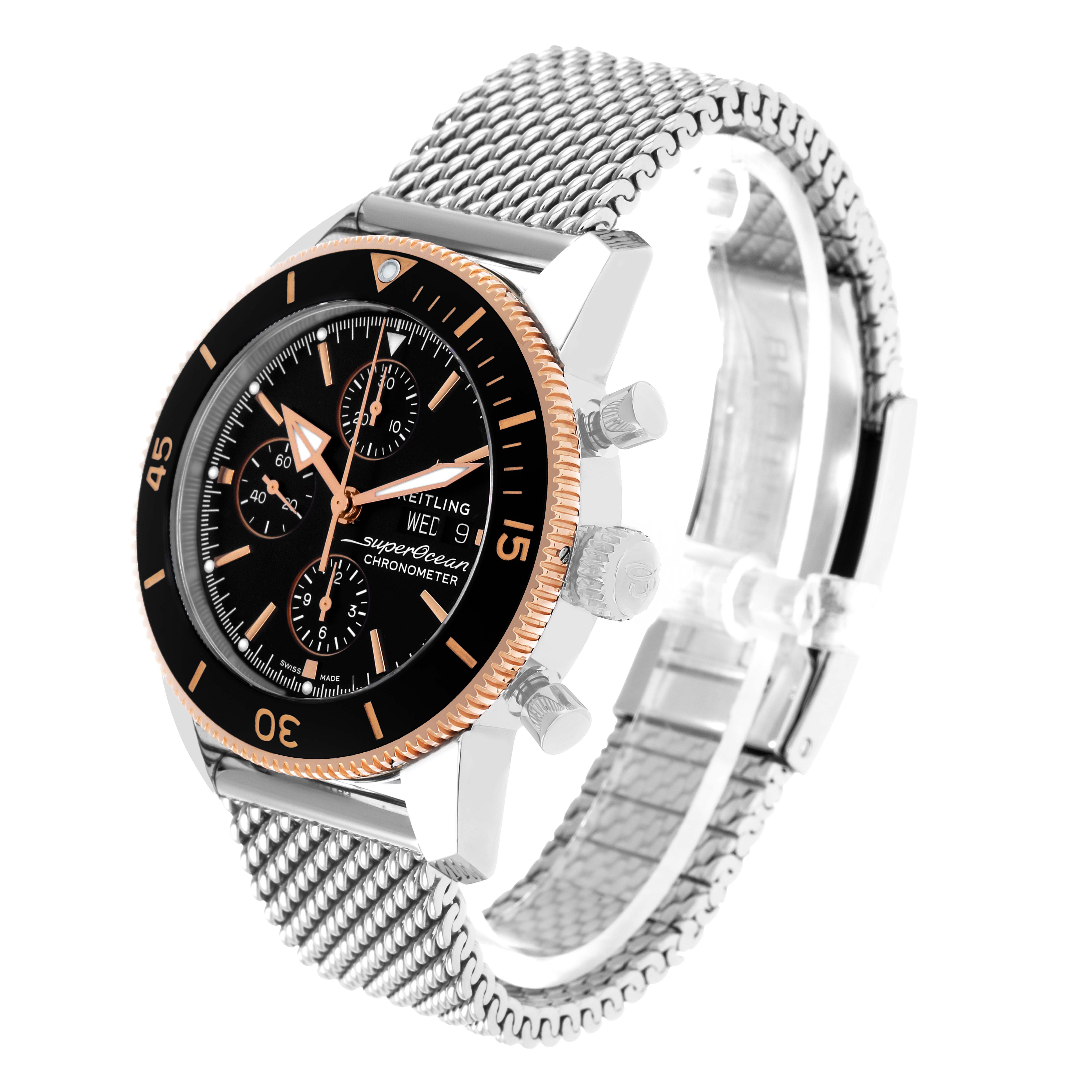 The Breitling Superocean U13313 Men's Stainless Steel Black Dial watch is shown at a slight side angle, highlighting the bezel, dial, chronograph subdials, and mesh bracelet.