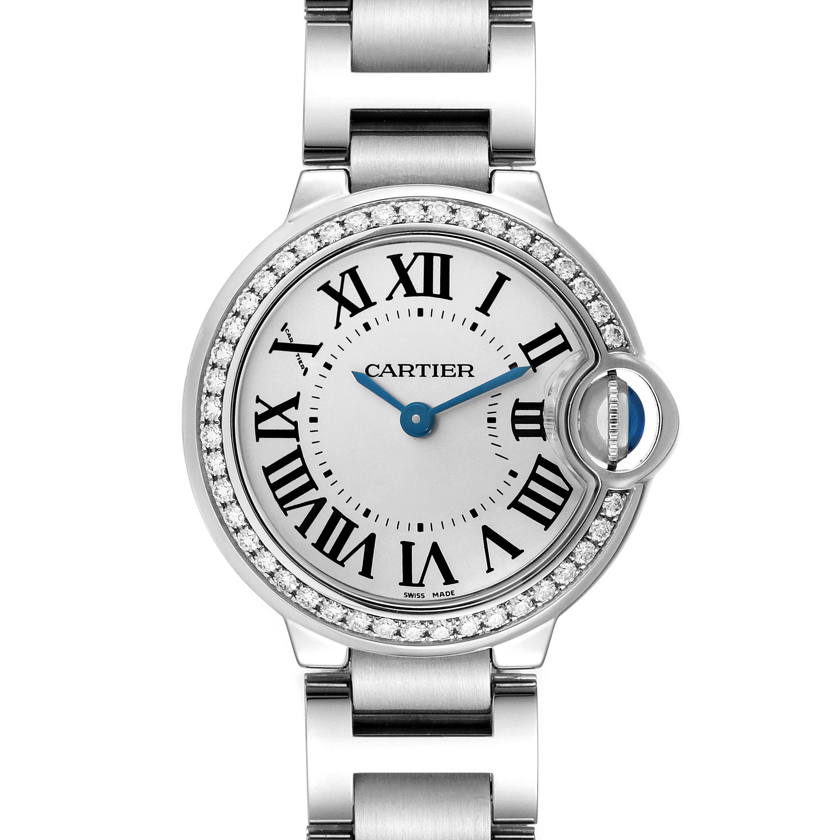 The Cartier Ballon Bleu W4BB0015 Women's Stainless Steel Silver Dial watch is shown from a top-down angle, highlighting its round face, Roman numerals, and bracelet.