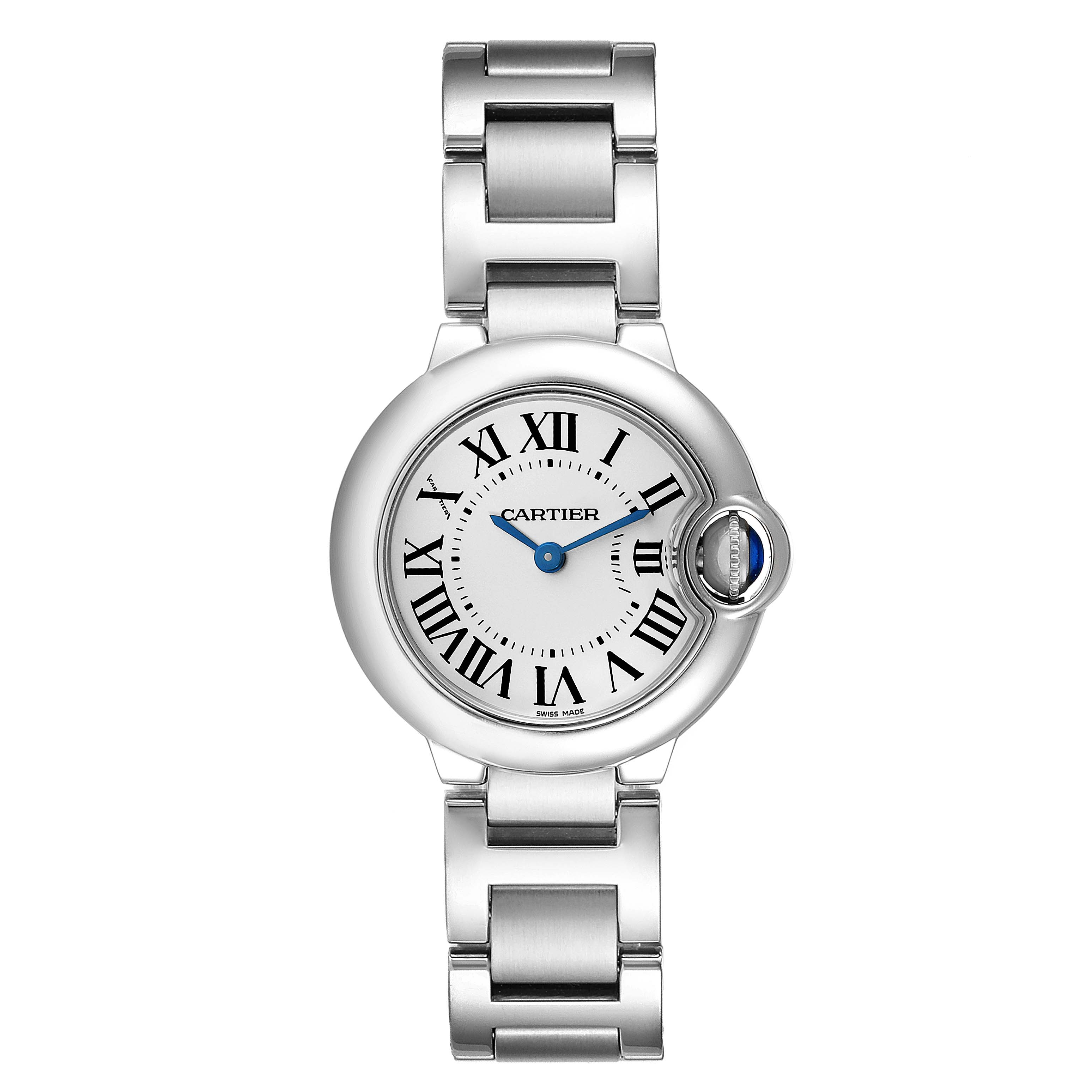 This image shows a frontal view of the Cartier Ballon Bleu W69010Z4 Women's Stainless Steel Silver Dial W69010Z4 Women's Stainless Steel Silver Dial watch, highlighting its round case, Roman numerals, and metal bracelet.