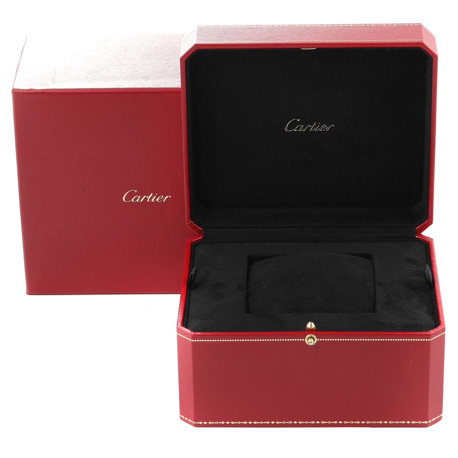 This image shows the open and closed red boxes for the Cartier Ballon Bleu W69010Z4 Women's Stainless Steel Silver Dial W69010Z4 Women's Stainless Steel Silver Dial watch.