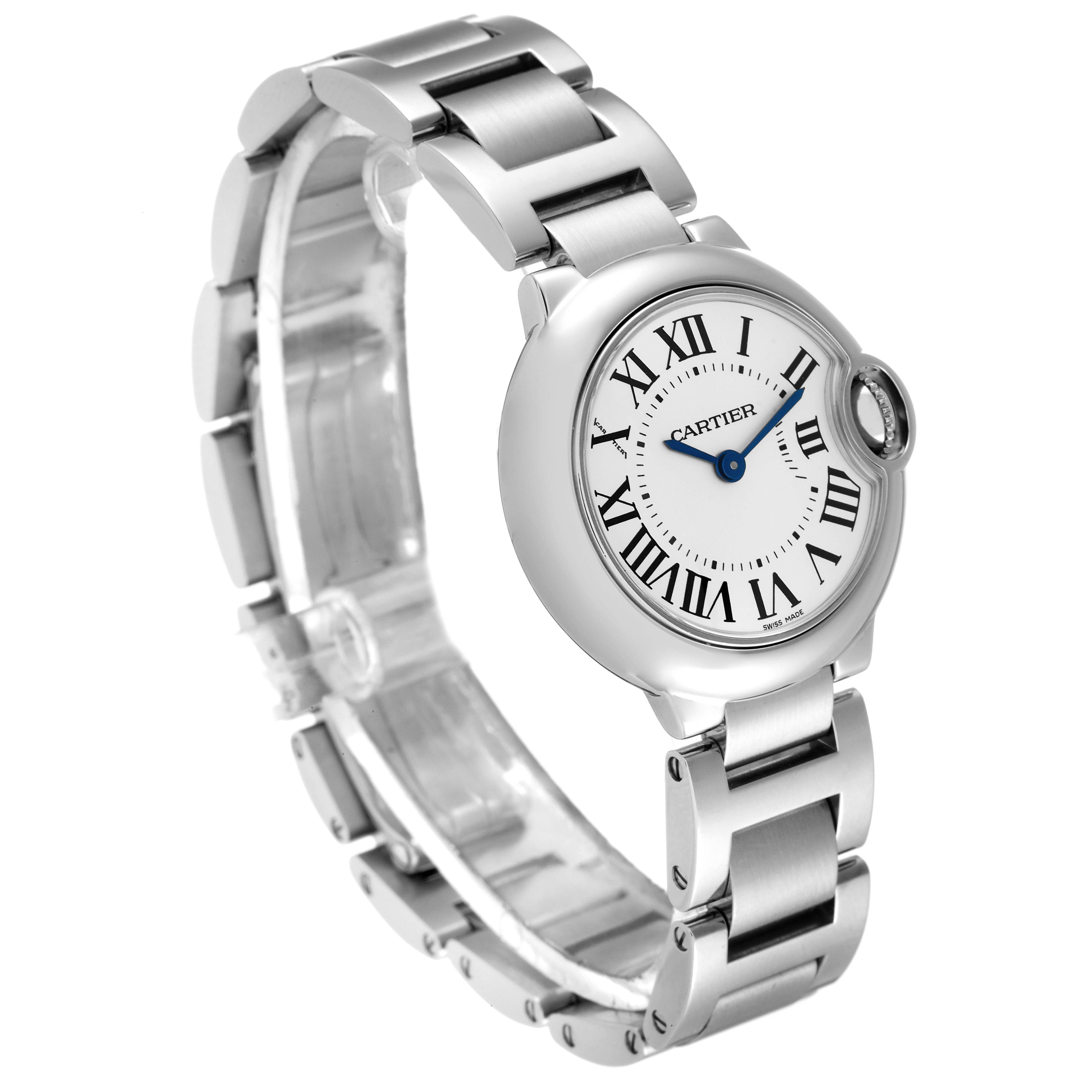 The image shows a Cartier Ballon Bleu W69010Z4 Women's Stainless Steel Silver Dial W69010Z4 Women's Stainless Steel Silver Dial watch at a 3/4 angle, displaying its face, bracelet, and crown.