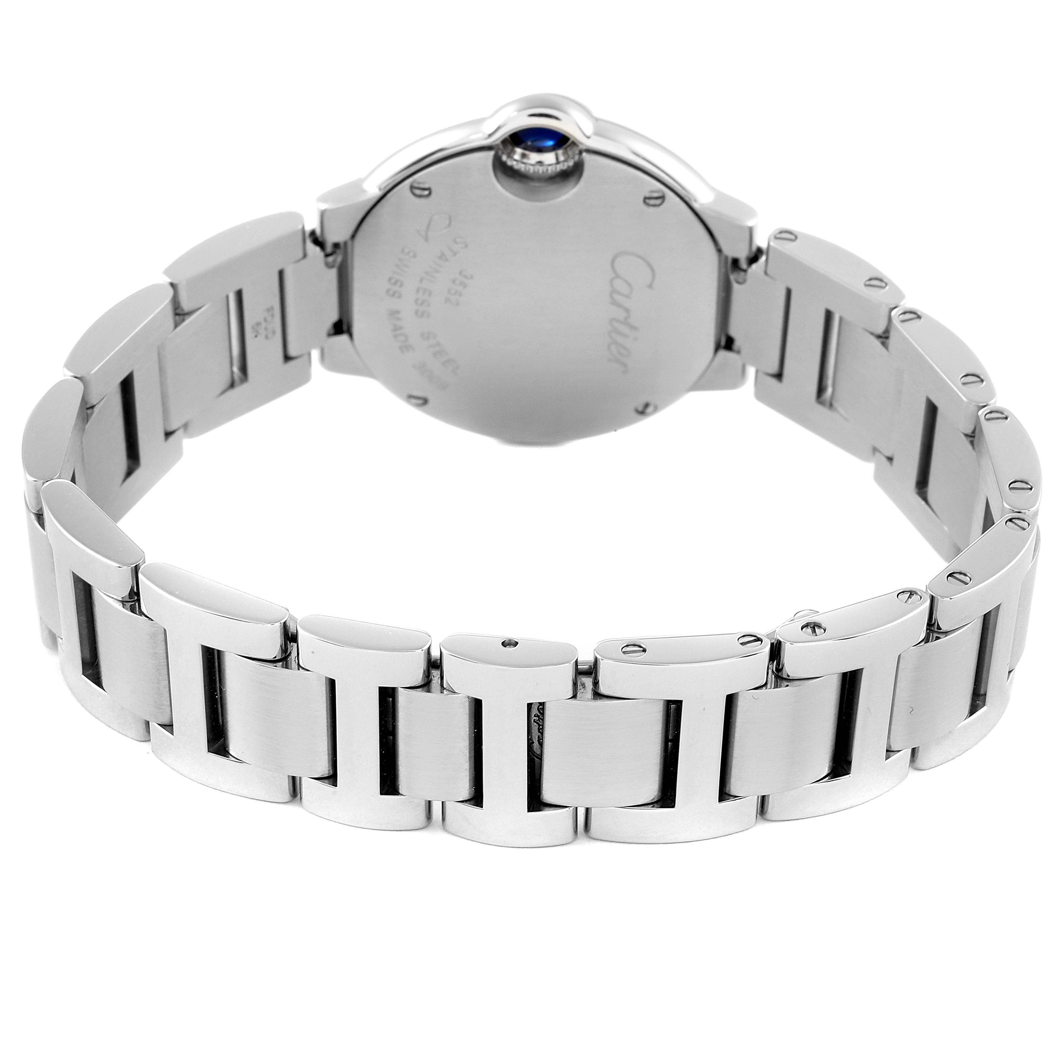 This image shows the back and bracelet of the Cartier Ballon Bleu W69010Z4 Women's Stainless Steel Silver Dial W69010Z4 Women's Stainless Steel Silver Dial watch.