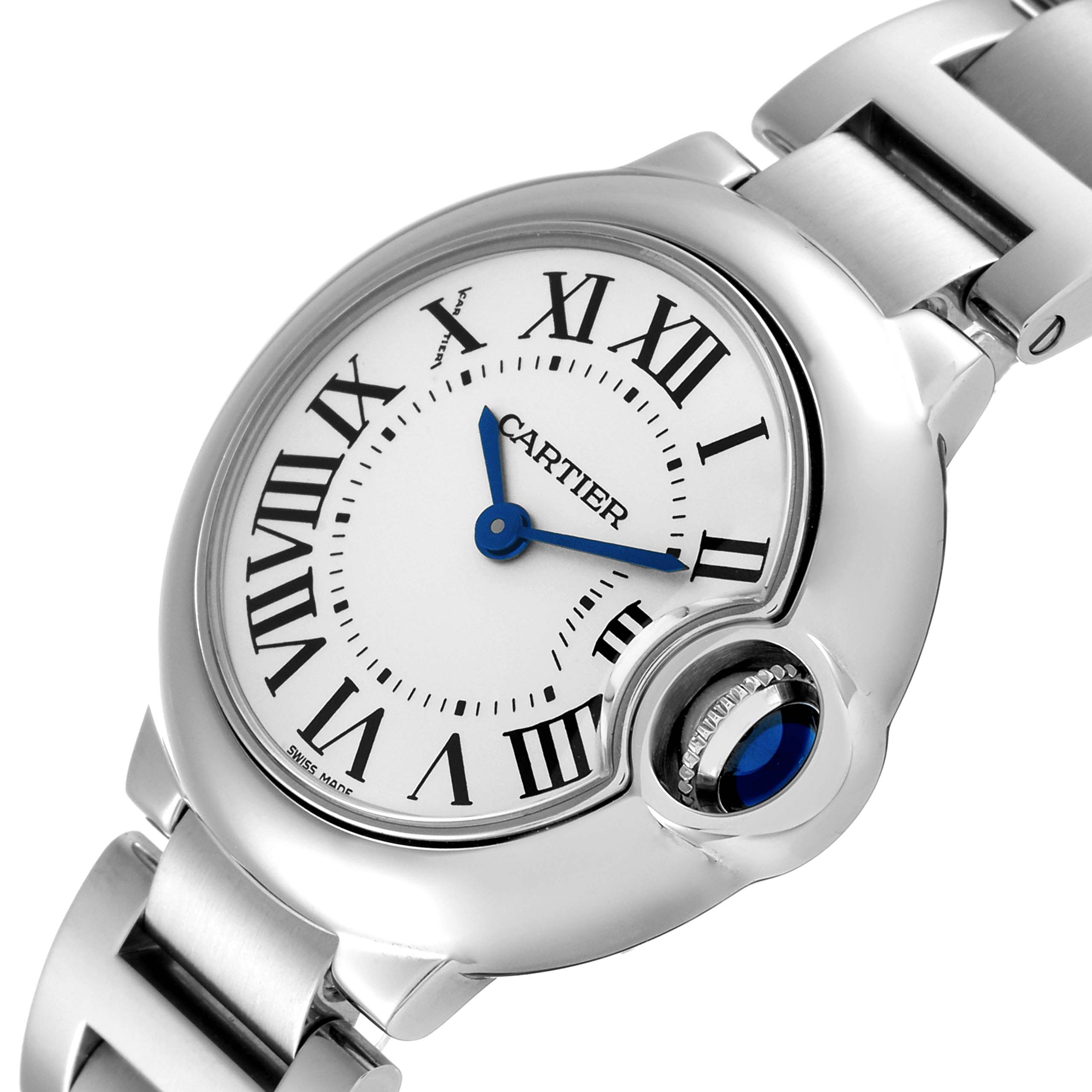 The image shows a close-up view of the Cartier Ballon Bleu W69010Z4 Women's Stainless Steel Silver Dial W69010Z4 Women's Stainless Steel Silver Dial watch, highlighting the watch face, Roman numerals, and the bracelet.