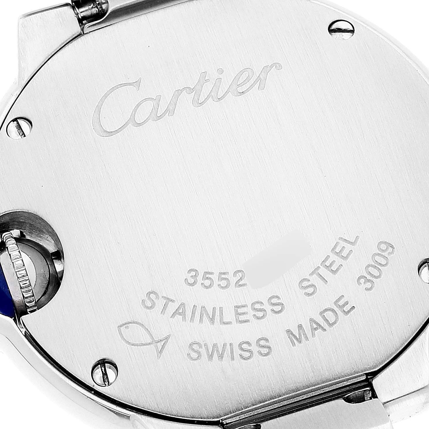 This image shows the stainless steel back case of the Ballon Bleu model by Cartier from a close-up, angled view.