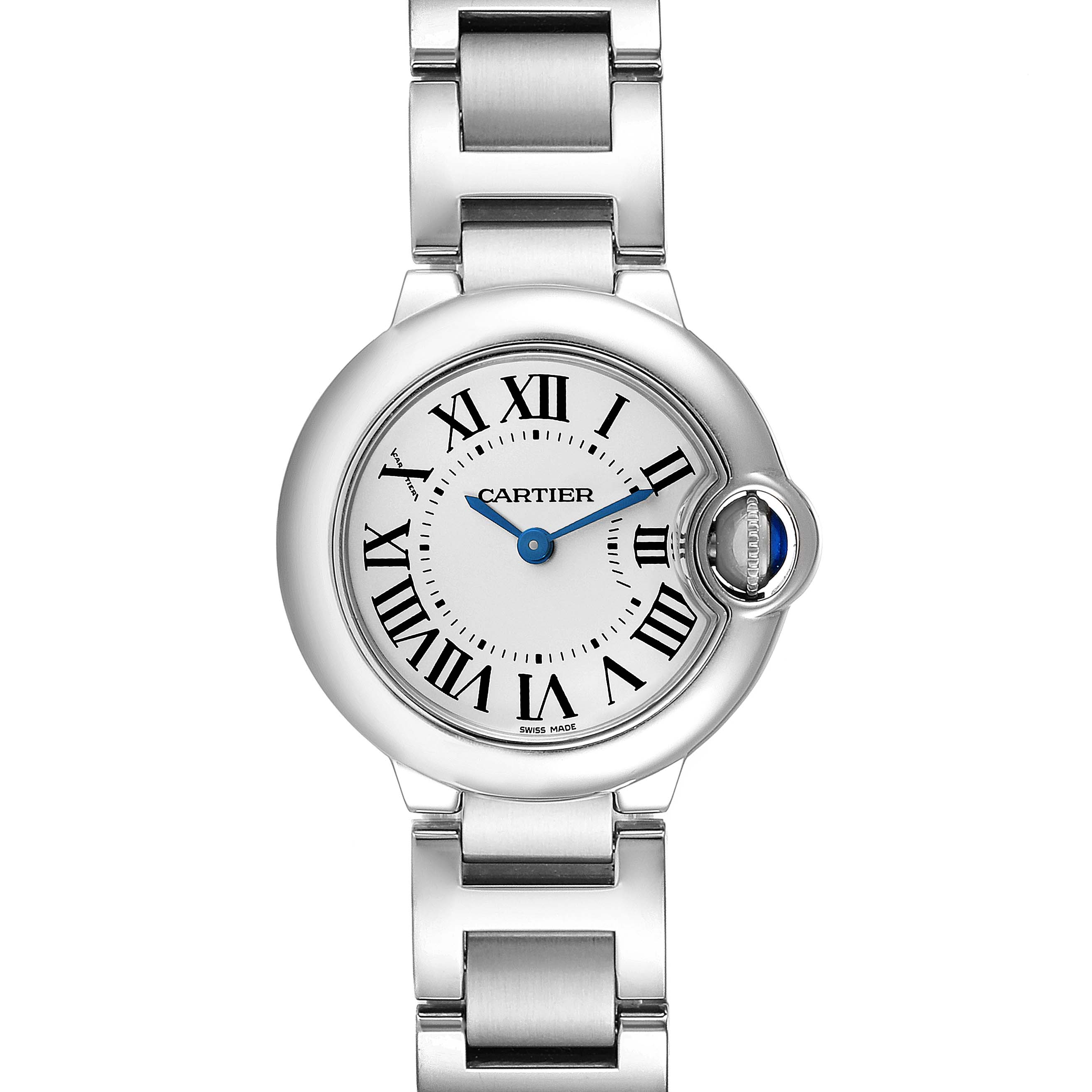 This image shows a top-down view of the Cartier Ballon Bleu W69010Z4 Women's Stainless Steel Silver Dial W69010Z4 Women's Stainless Steel Silver Dial watch, highlighting the face with Roman numerals and the stainless steel bracelet.