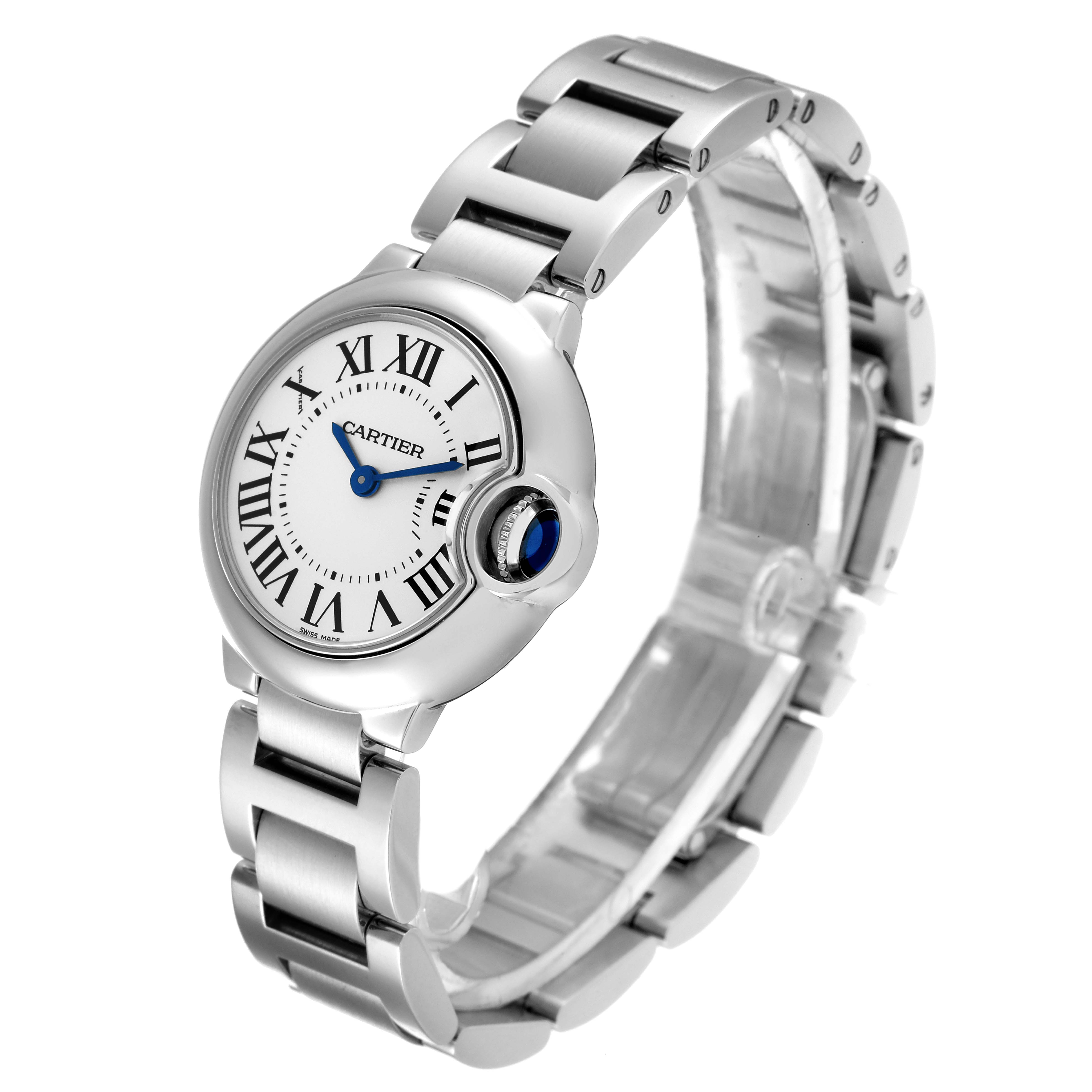 The Cartier Ballon Bleu W69010Z4 Women's Stainless Steel Silver Dial W69010Z4 Women's Stainless Steel Silver Dial watch is shown from an oblique angle, displaying its face, bezel, and metal bracelet.