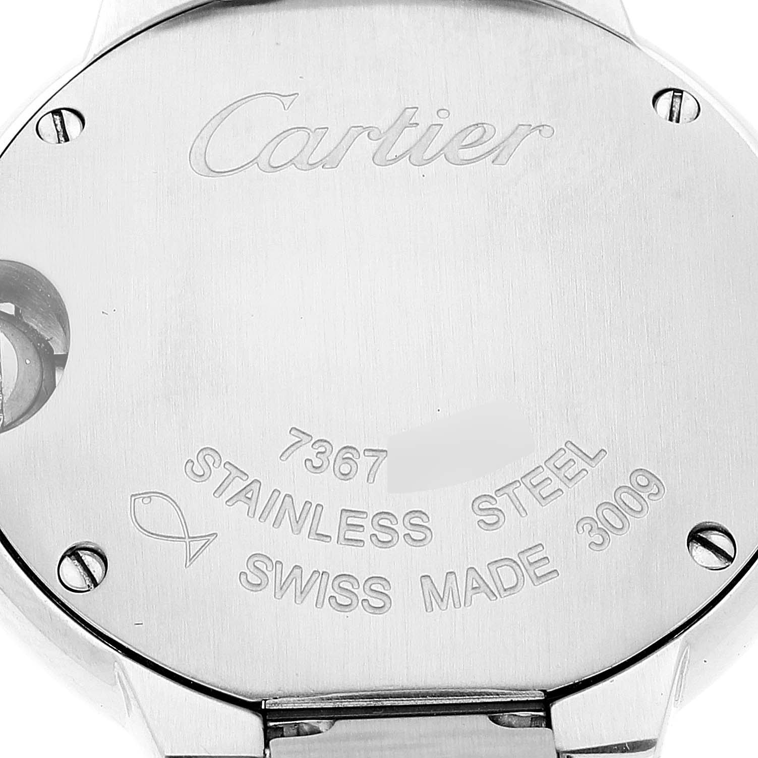 This image shows the back case of a Cartier Ballon Bleu W69010Z4 Women's Stainless Steel Silver Dial W69010Z4 Women's Stainless Steel Silver Dial watch, highlighting the engraving and material details.