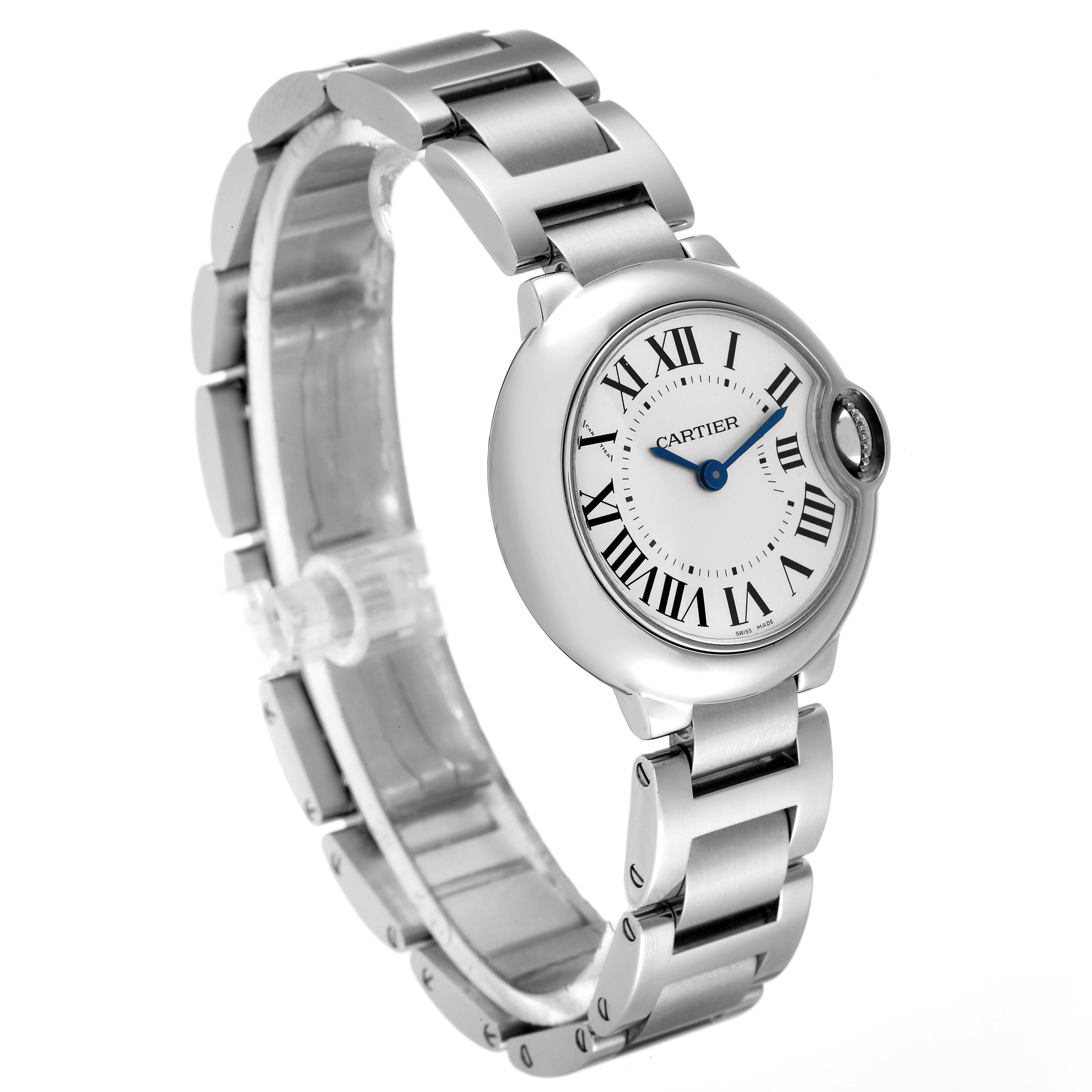 This image shows a Cartier Ballon Bleu W69010Z4 Women's Stainless Steel Silver Dial W69010Z4 Women's Stainless Steel Silver Dial watch at an angle highlighting the round face, roman numerals, and metal bracelet.
