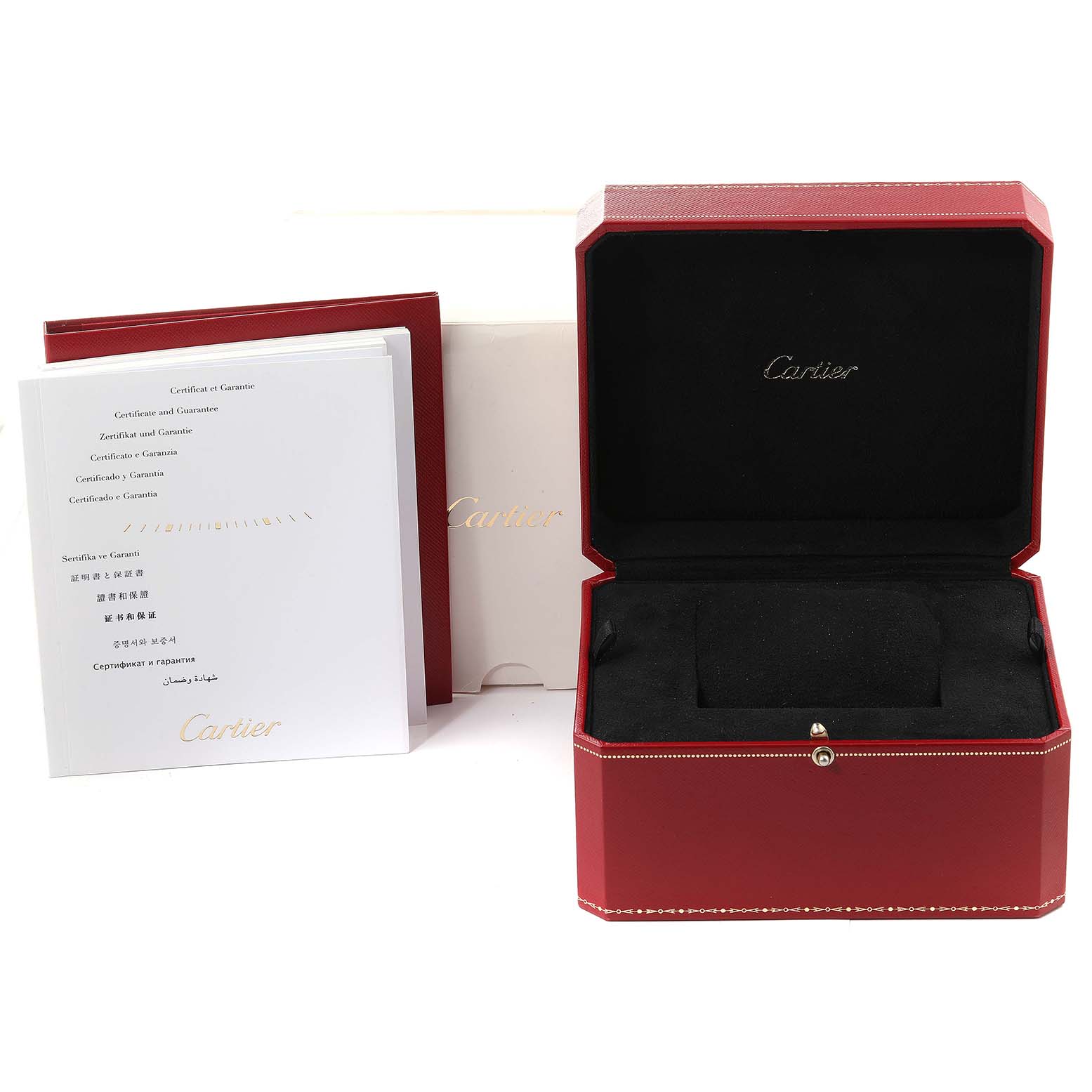 The image shows an open red box and warranty booklets for a Ballon Bleu model by Cartier from a frontal angle.