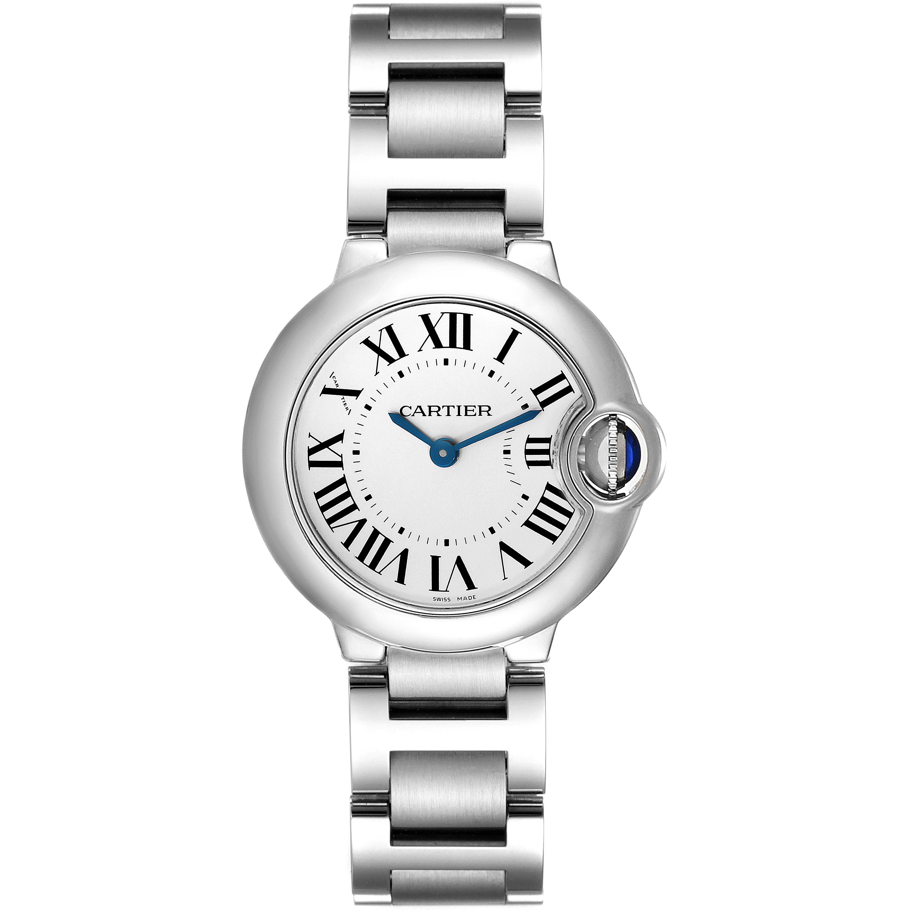 The Ballon Bleu model by Cartier is shown from a front view, displaying the watch face and full metal band.