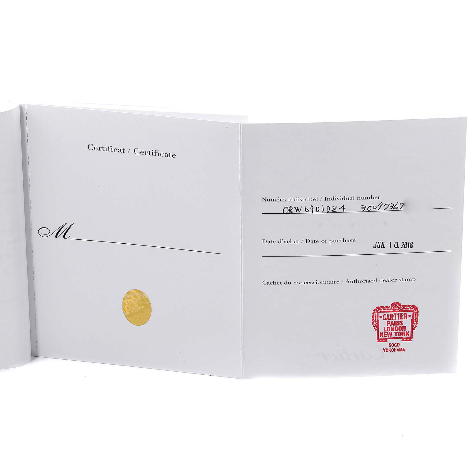 The image shows the certificate of a Ballon Bleu model by Cartier, displaying individual number, purchase date, and dealer stamp.