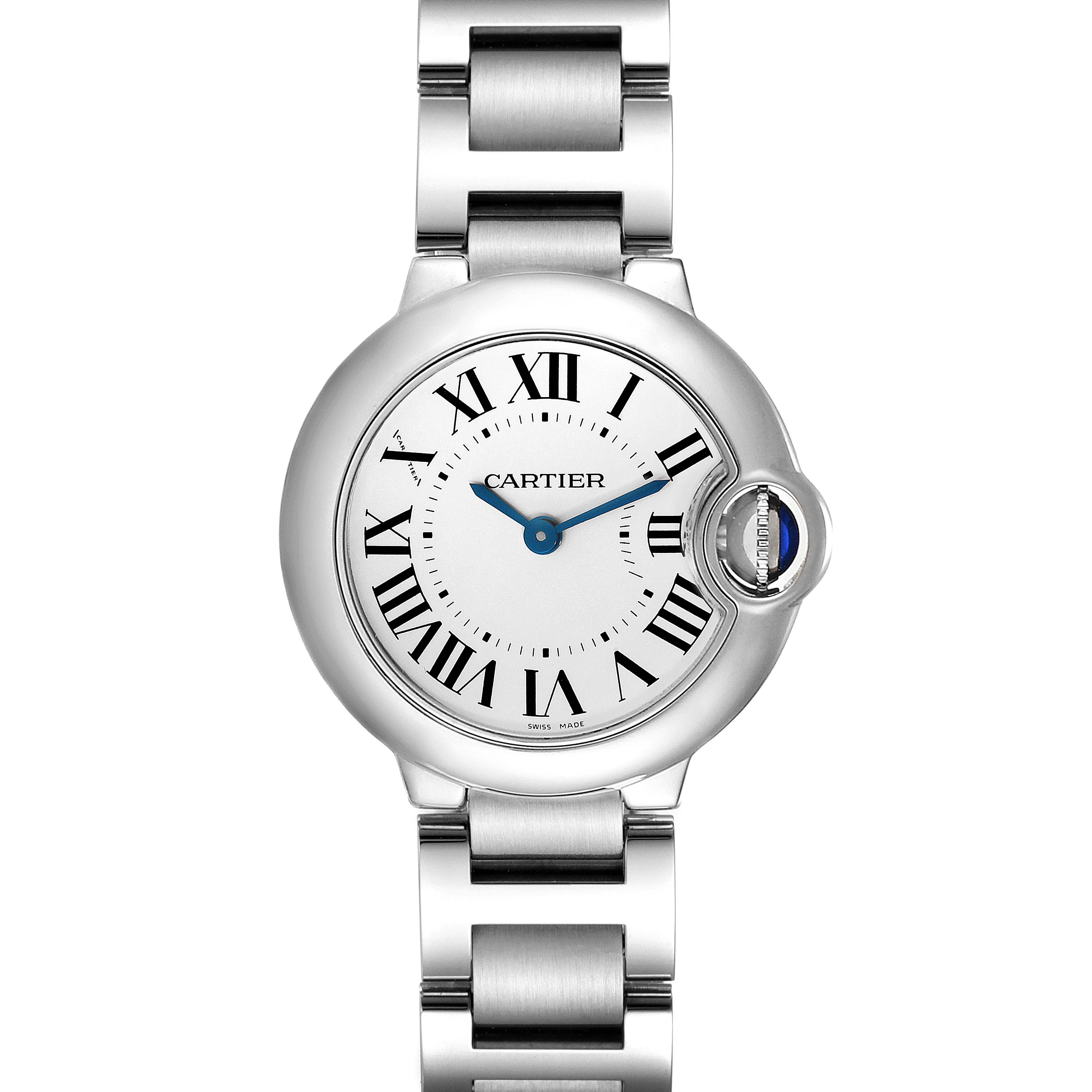 The image shows a top-down view of the Cartier Ballon Bleu W69010Z4 Women's Stainless Steel Silver Dial W69010Z4 Women's Stainless Steel Silver Dial watch, highlighting its face and stainless steel bracelet.