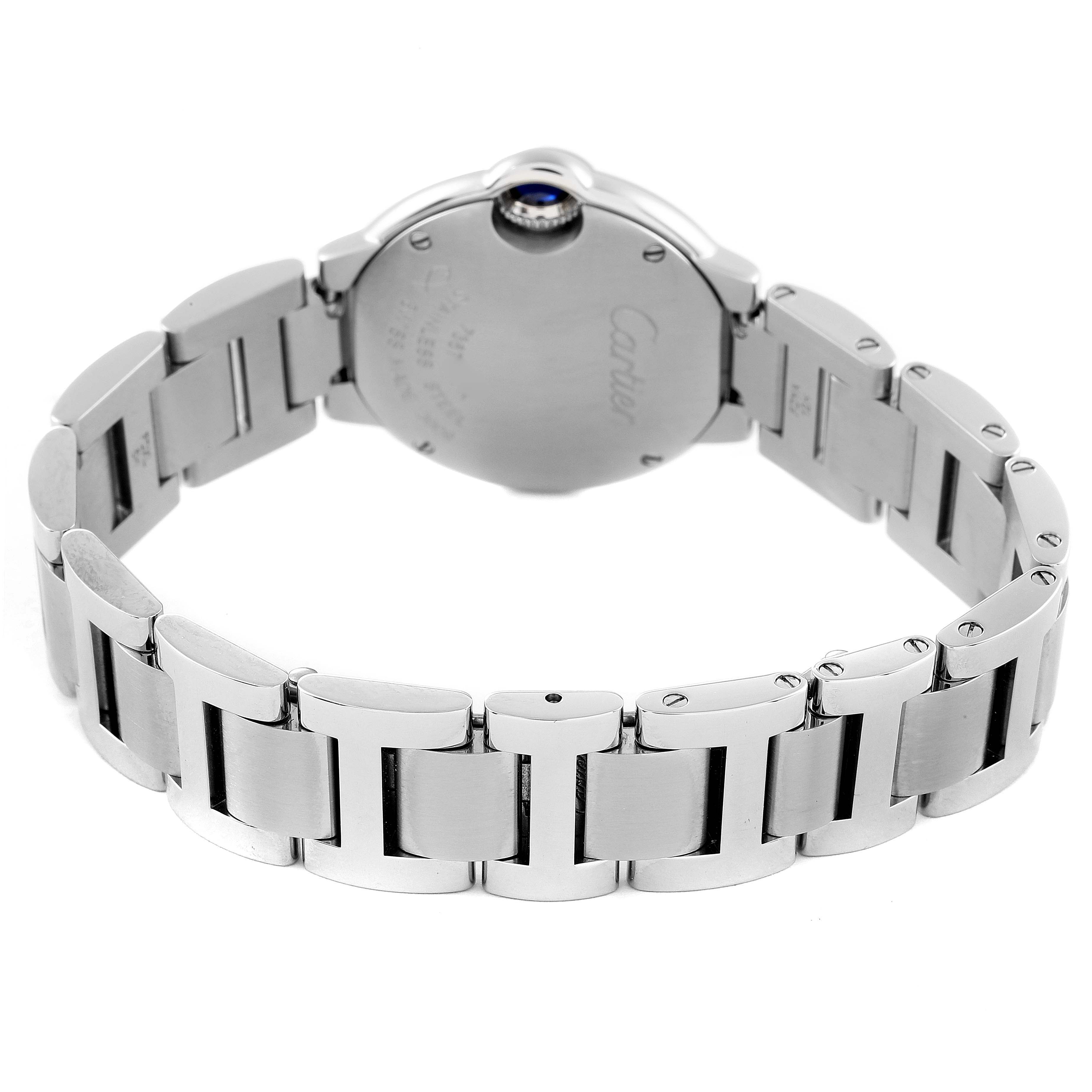 The image shows the back view of the Ballon Bleu model by Cartier, focusing on the bracelet and case back.