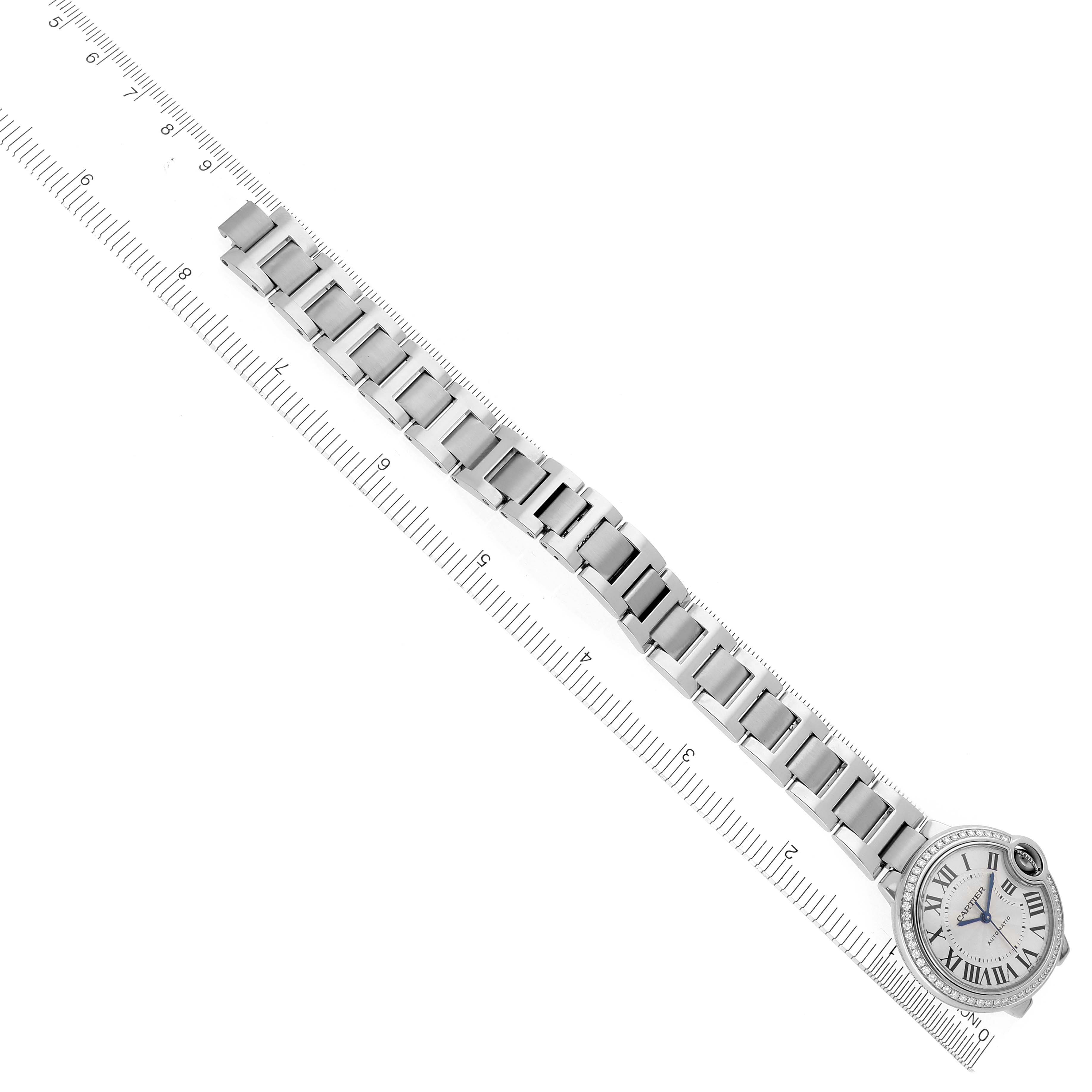 The Cartier Ballon Bleu W4BB0016 Women's Stainless Steel Silver Dial W4BB0016 Women's Stainless Steel Silver Dial watch is shown from a top view, highlighting the face and full linked bracelet.