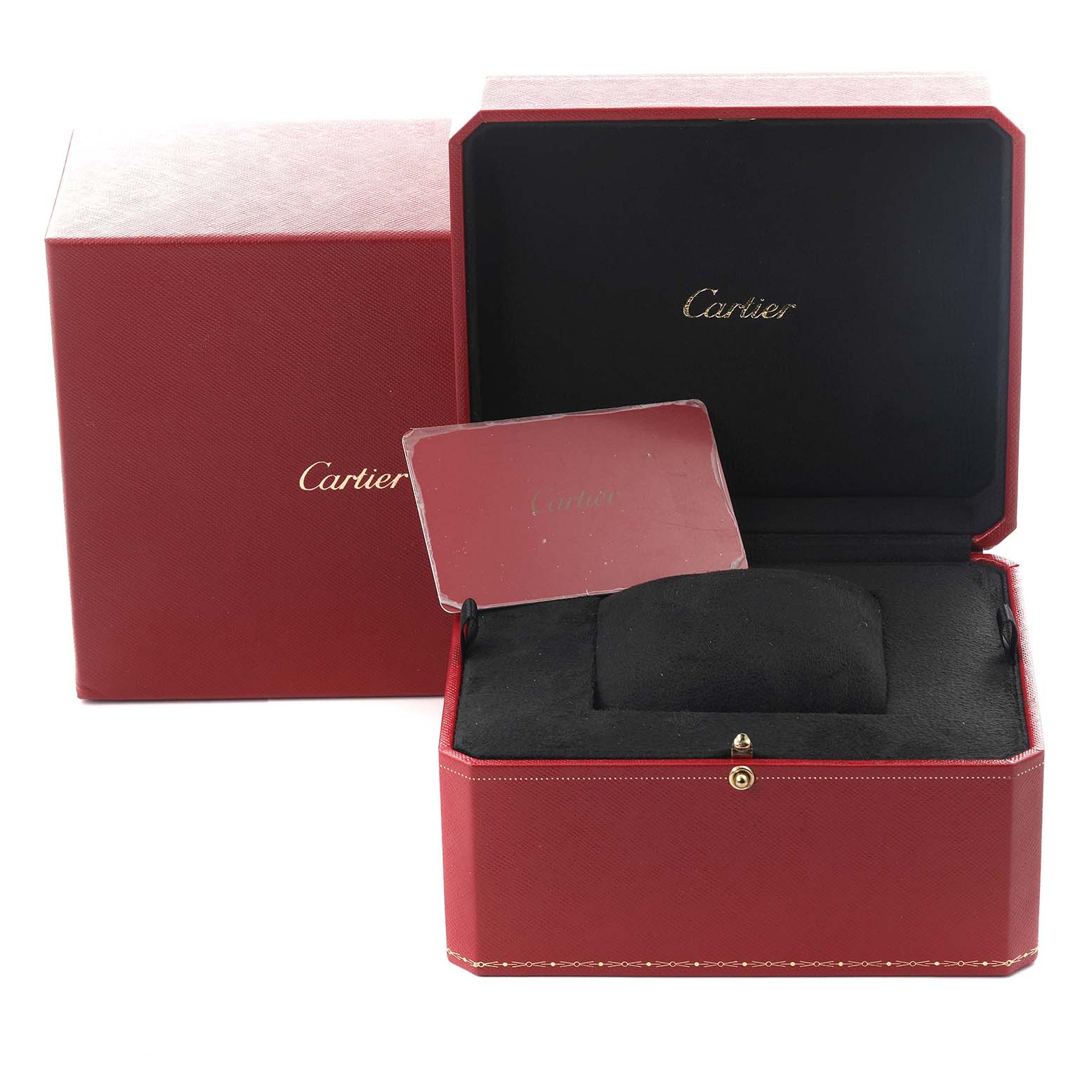 The image shows the open and closed red box packaging for a Cartier Ballon Bleu W4BB0016 Women's Stainless Steel Silver Dial W4BB0016 Women's Stainless Steel Silver Dial watch, with "Cartier" branding visible.