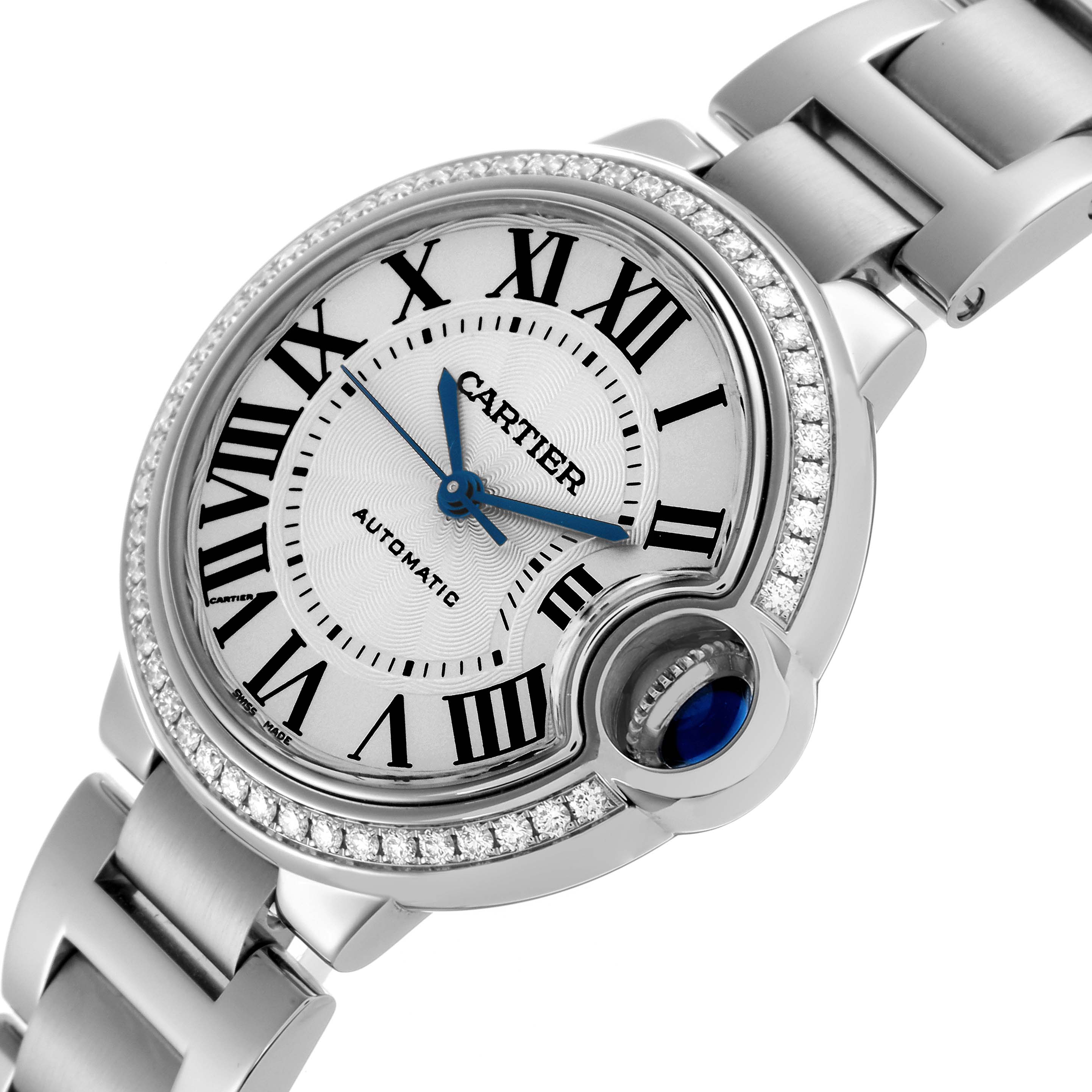 The Cartier Ballon Bleu W4BB0016 Women's Stainless Steel Silver Dial W4BB0016 Women's Stainless Steel Silver Dial watch is shown at an angle highlighting the face, crown with blue cabochon, and part of the bracelet.