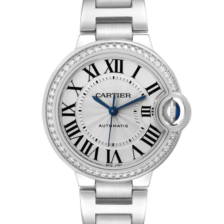 The Cartier Ballon Bleu watch is shown from a front angle, highlighting the dial, case, and bracelet.