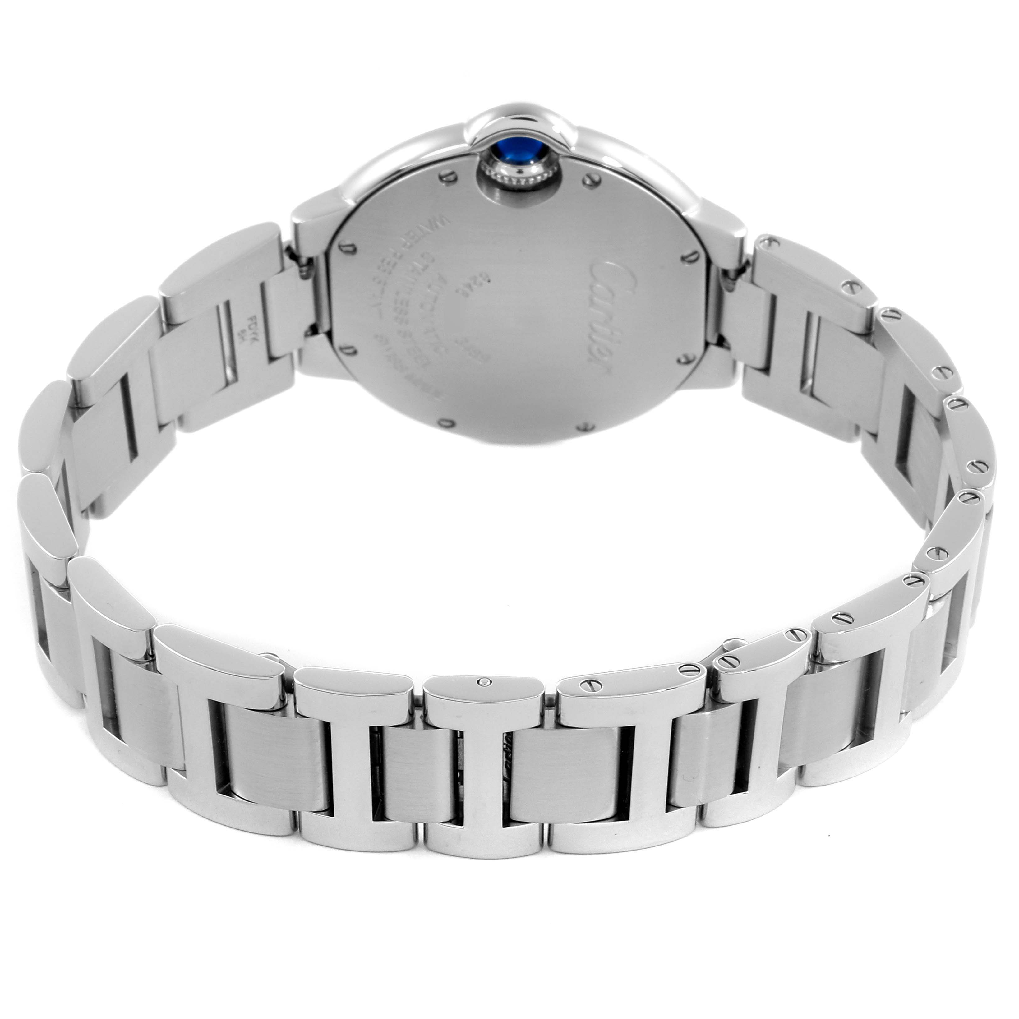 The Cartier Ballon Bleu W4BB0016 Women's Stainless Steel Silver Dial W4BB0016 Women's Stainless Steel Silver Dial watch is shown from the back, highlighting the case back and metal bracelet.