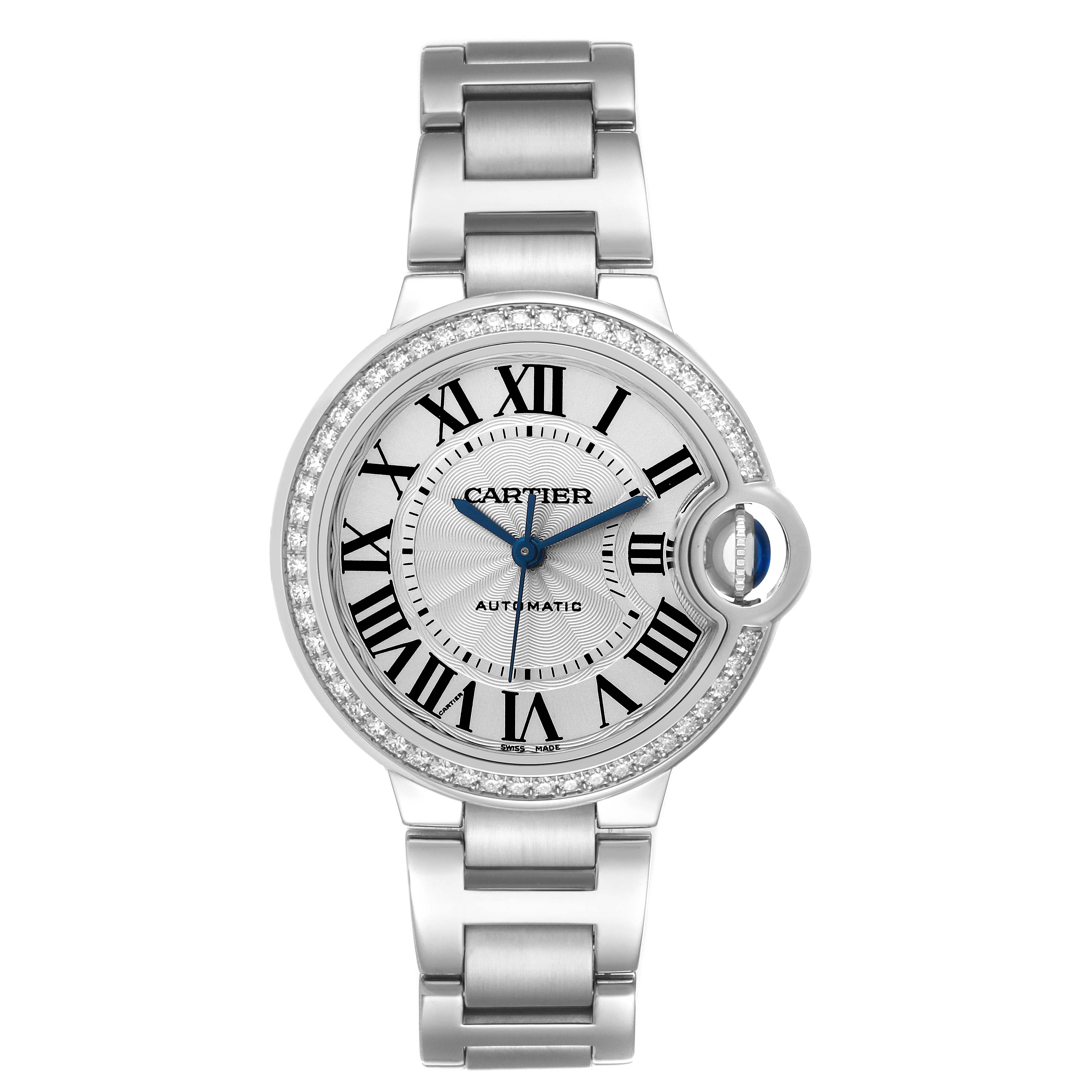 The Cartier Ballon Bleu W4BB0016 Women's Stainless Steel Silver Dial W4BB0016 Women's Stainless Steel Silver Dial watch is shown from the front, highlighting the dial, roman numerals, and metal bracelet.