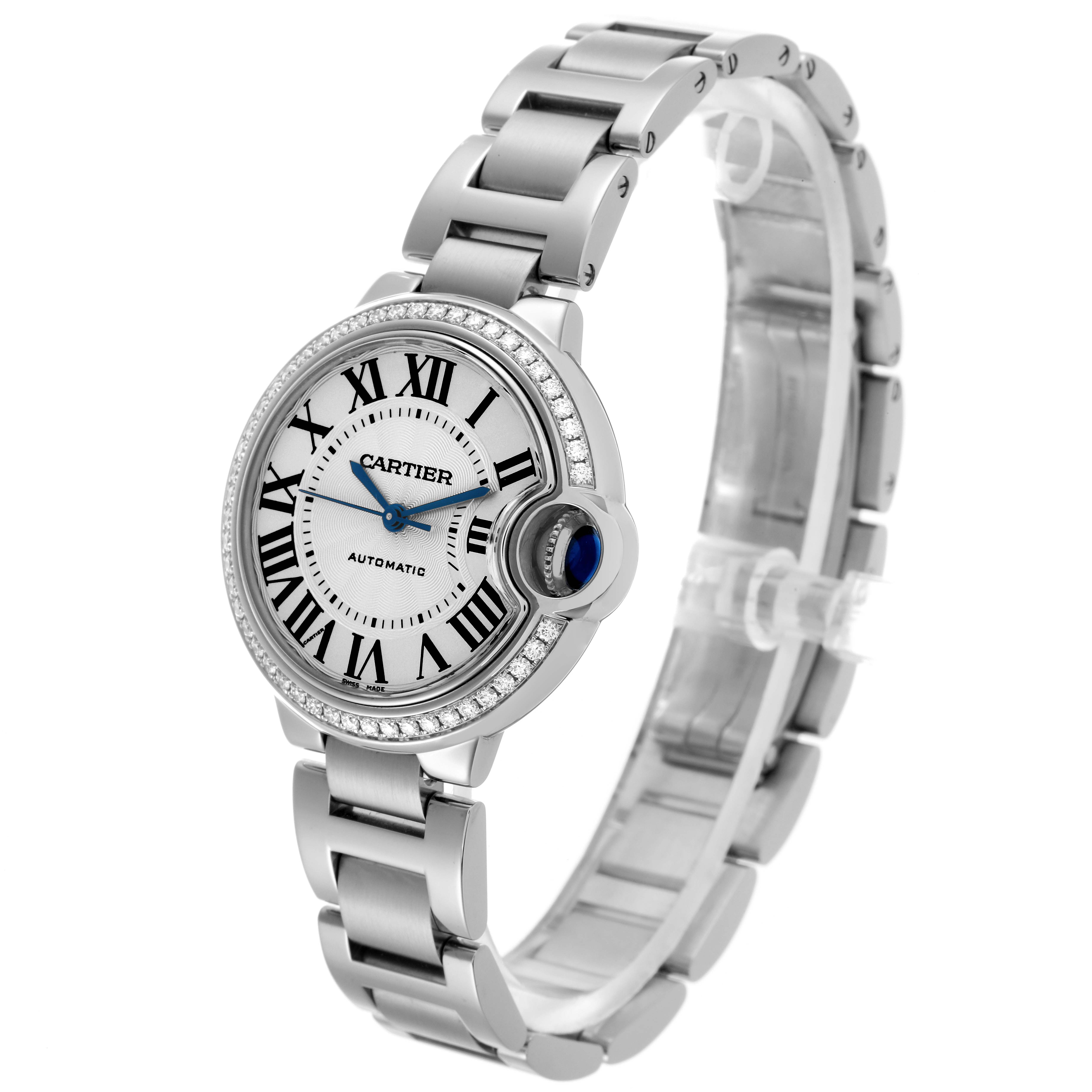 The Cartier Ballon Bleu W4BB0016 Women's Stainless Steel Silver Dial W4BB0016 Women's Stainless Steel Silver Dial watch is shown at a three-quarter angle, displaying the face, crown, and part of the bracelet.