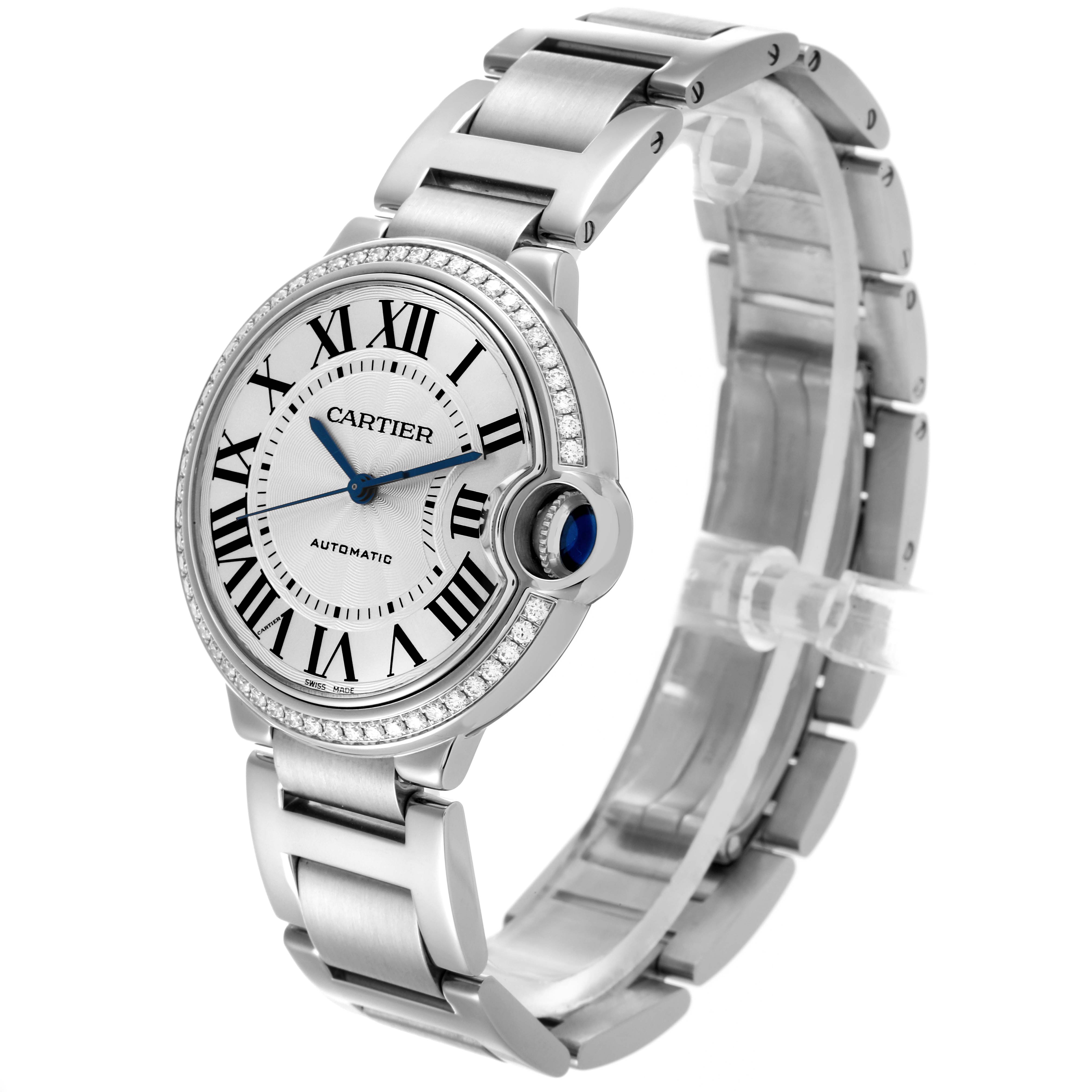 The Cartier Ballon Bleu W4BB0023 Women's Stainless Steel Silver Dial W4BB0023 Women's Stainless Steel Silver Dial watch is shown at a three-quarter angle, highlighting the face, bracelet, and crown.