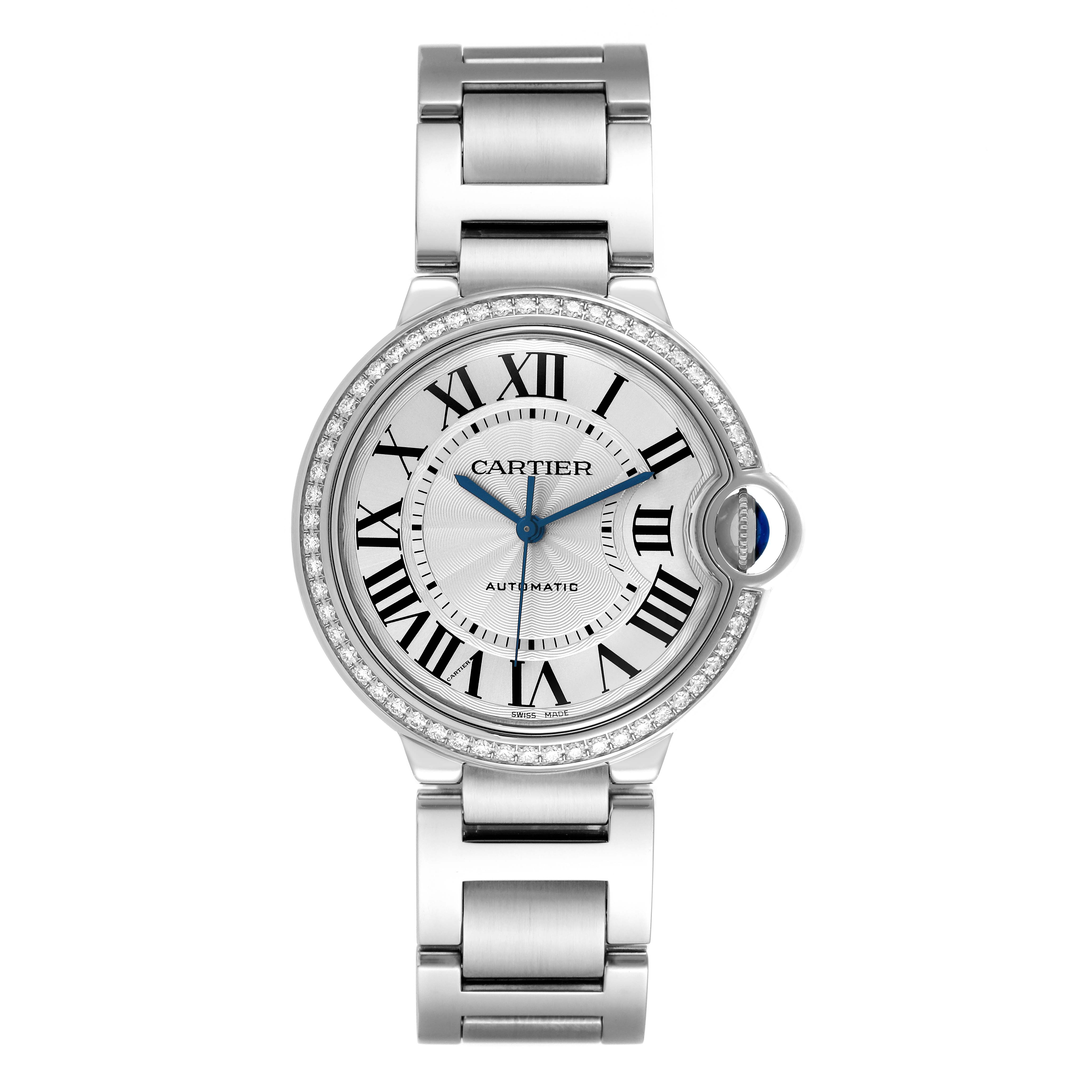 The Cartier Ballon Bleu W4BB0023 Women's Stainless Steel Silver Dial W4BB0023 Women's Stainless Steel Silver Dial watch is shown from a front angle, displaying its face, case, and bracelet.