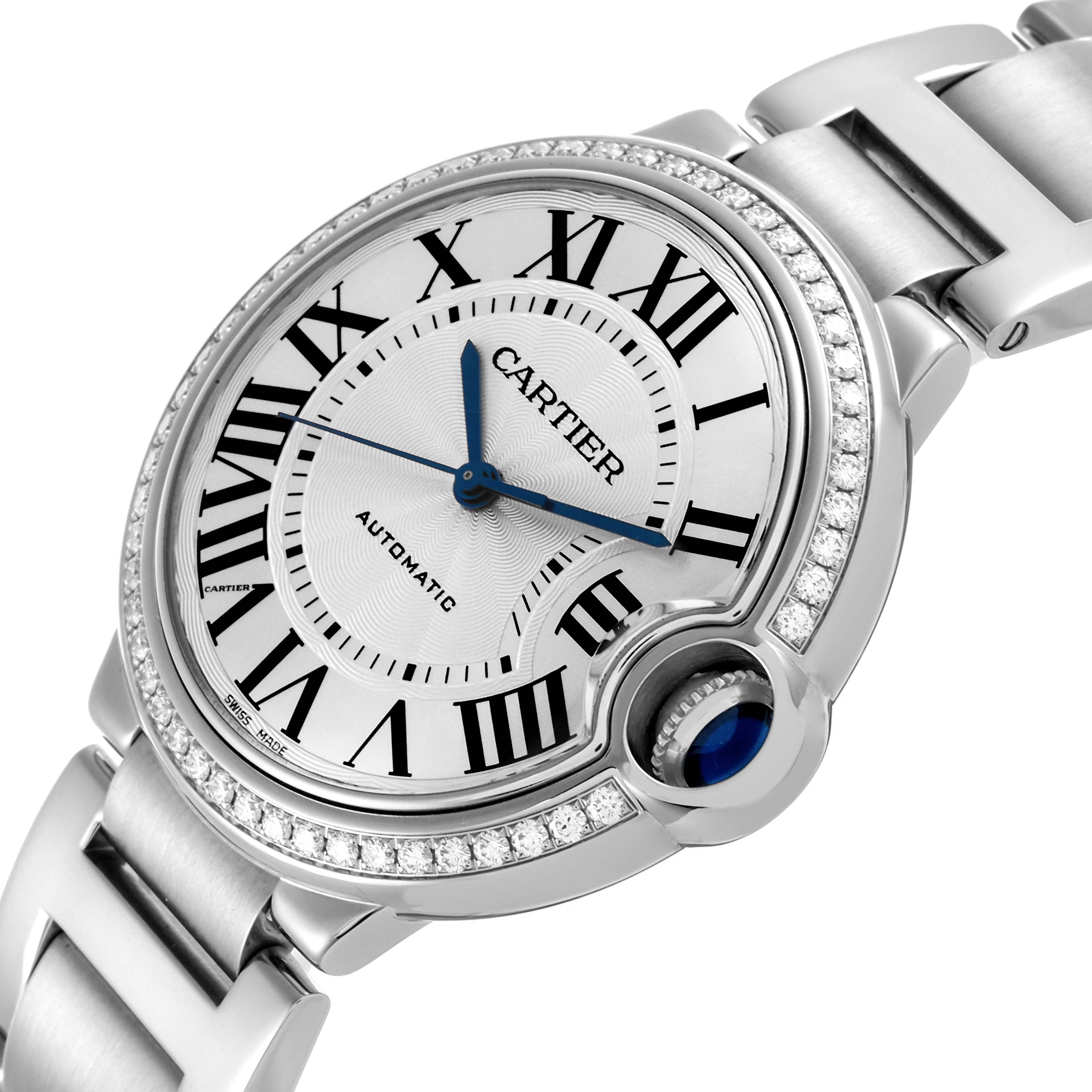 The Cartier Ballon Bleu W4BB0023 Women's Stainless Steel Silver Dial W4BB0023 Women's Stainless Steel Silver Dial watch is shown at an angled view, highlighting the face, Roman numerals, and part of the bracelet.
