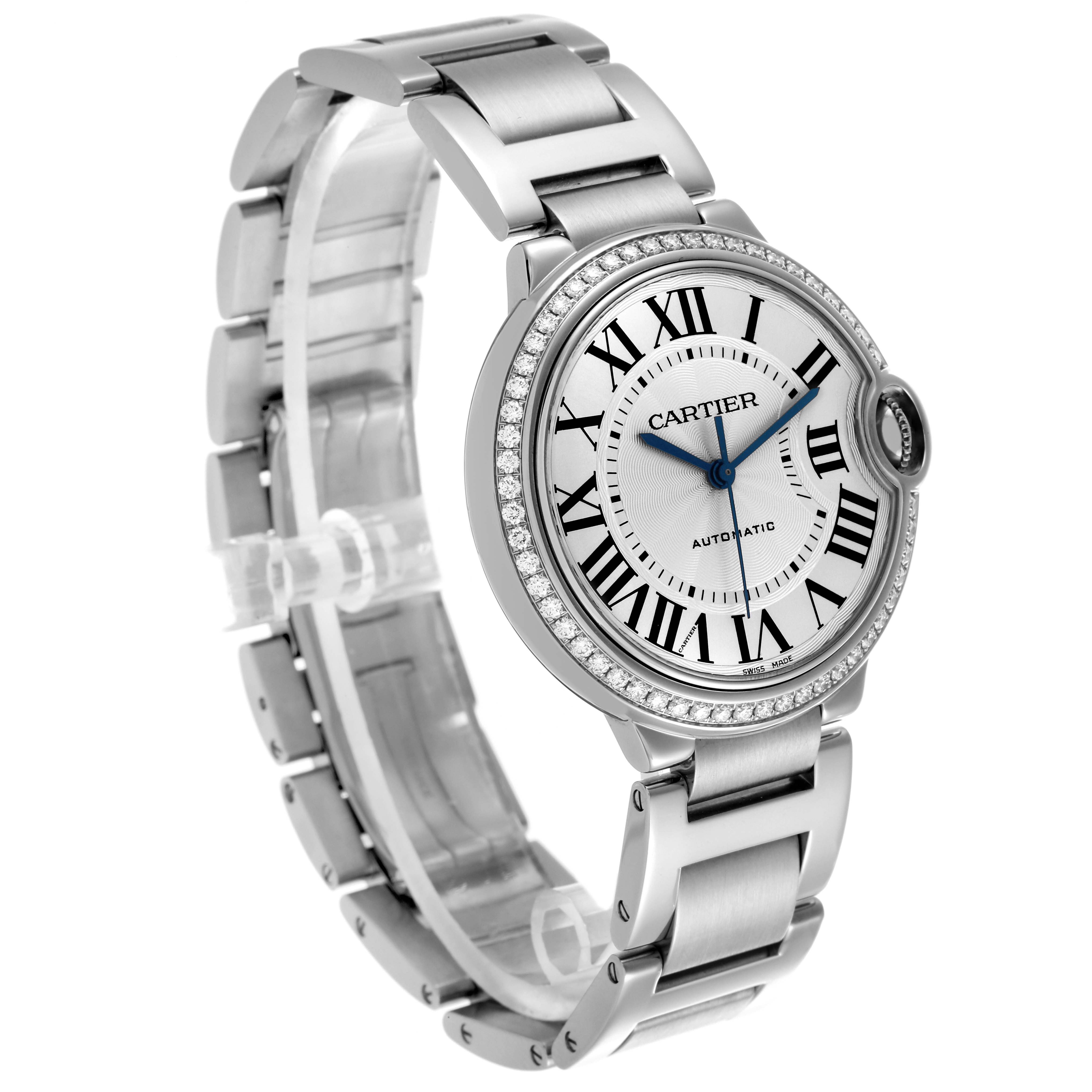 The Cartier Ballon Bleu W4BB0023 Women's Stainless Steel Silver Dial W4BB0023 Women's Stainless Steel Silver Dial watch is shown at a three-quarter angle displaying the face, bezel, crown, and bracelet links.