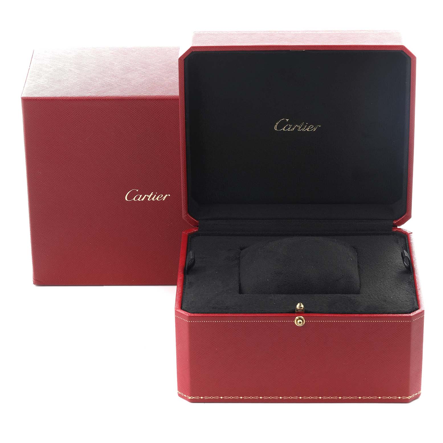 The image shows the Cartier Ballon Bleu W4BB0023 Women's Stainless Steel Silver Dial W4BB0023 Women's Stainless Steel Silver Dial watch box from a front angle, with its open lid and cushioned interior visible.