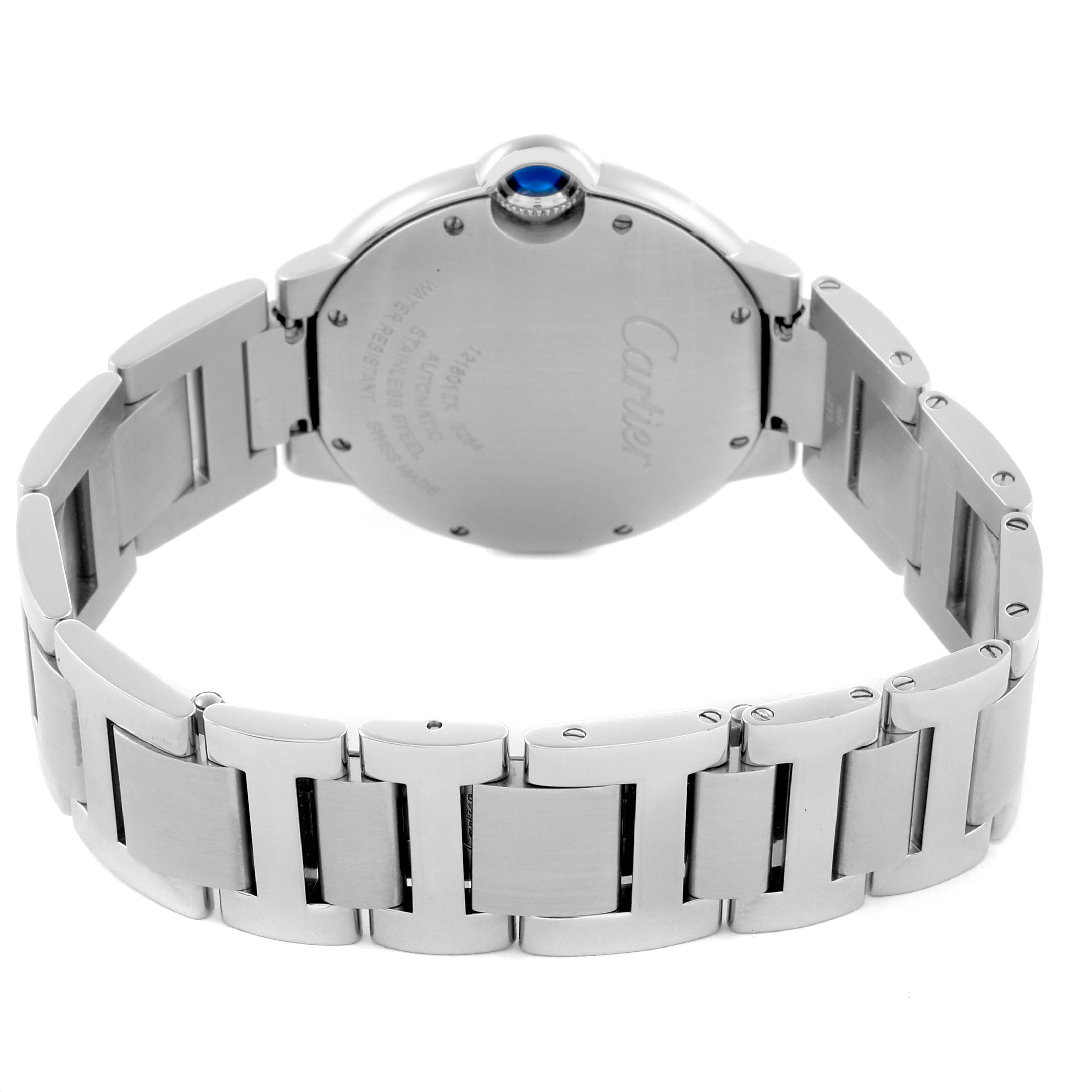 The Ballon Bleu by Cartier is shown from the back, highlighting the case back and metal bracelet.