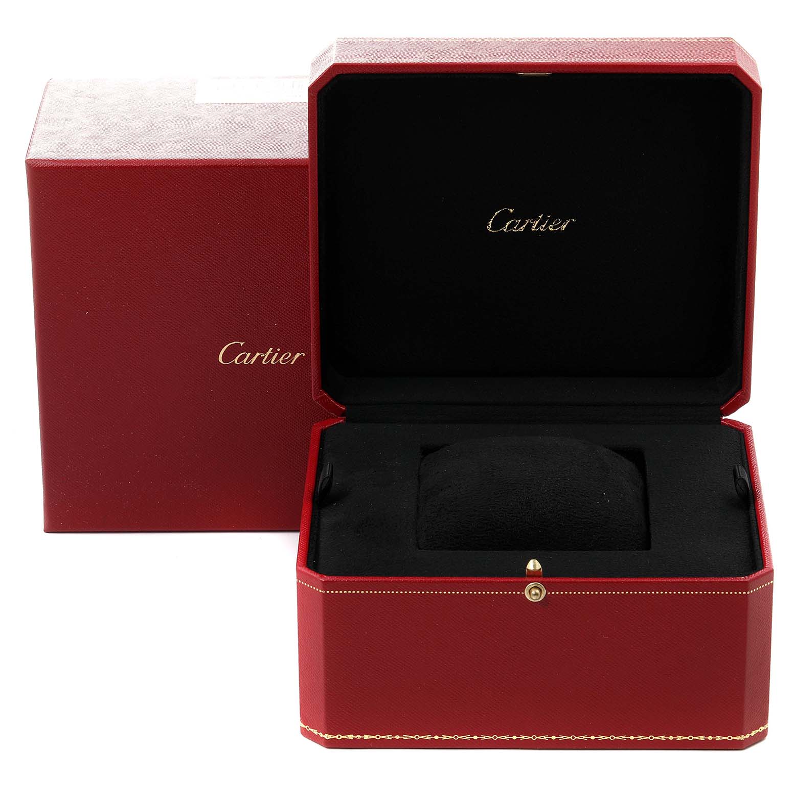 The image shows an open red Cartier box for the Ballon Bleu model with the branded cushion inside.