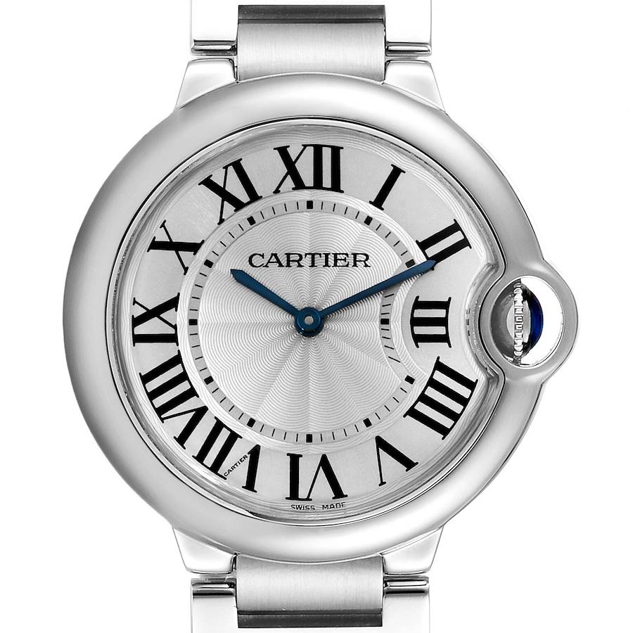 Cartier Ballon Bleu 36 Midsize Silver Guilloche Dial Watch W69011Z4 Box SwissWatchExpo