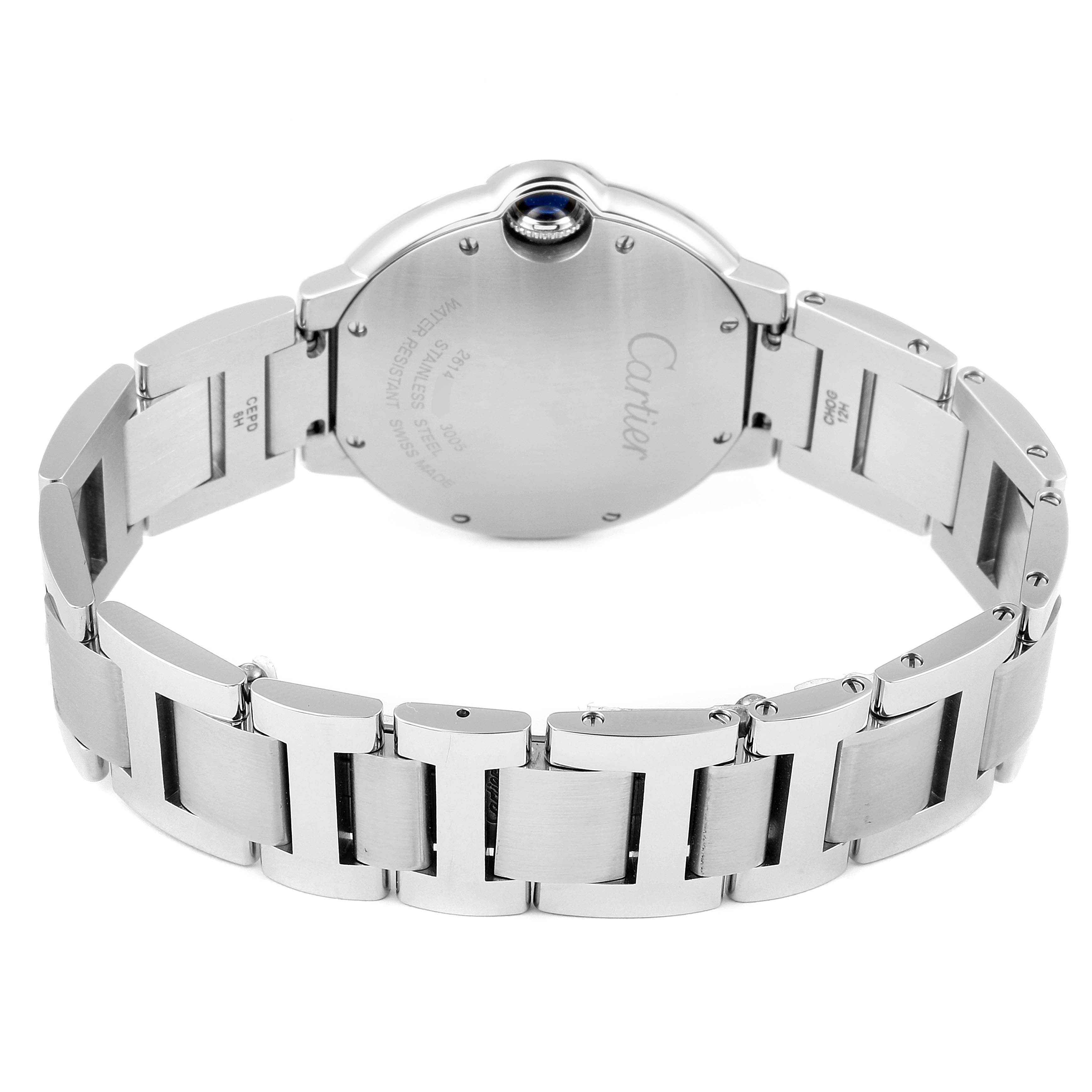 The image shows the back view of the Cartier Ballon Bleu W69011Z4 Men's Stainless Steel Silver Dial W69011Z4 Men's Stainless Steel Silver Dial watch, highlighting its case back and metal bracelet.