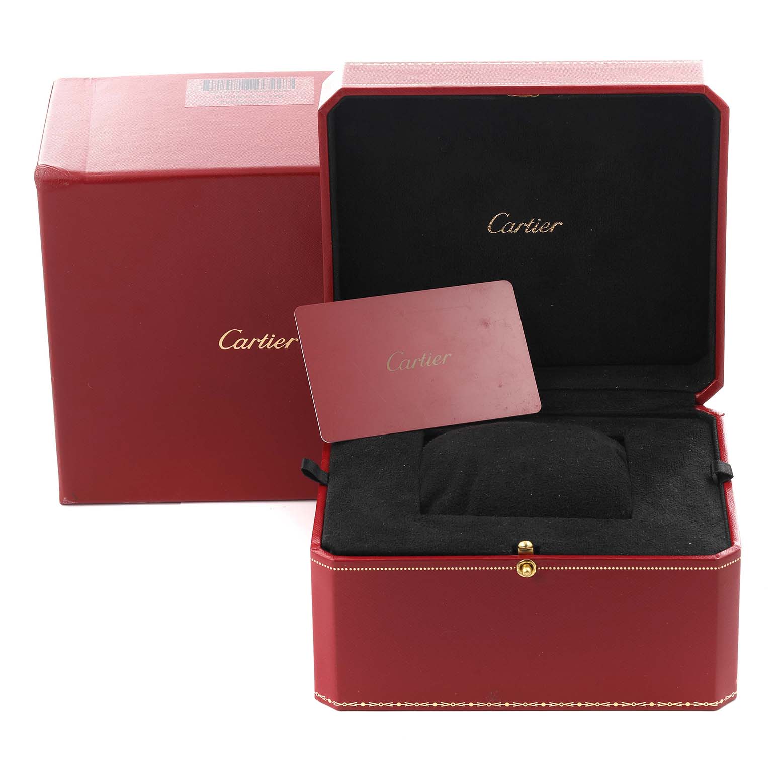 The image shows a Cartier Ballon Bleu WE900851 Men's Rose Gold Silver Dial WE900851 Men's Rose Gold Silver Dial watch box, cushion, and a card, viewed at a slight angle from the front.