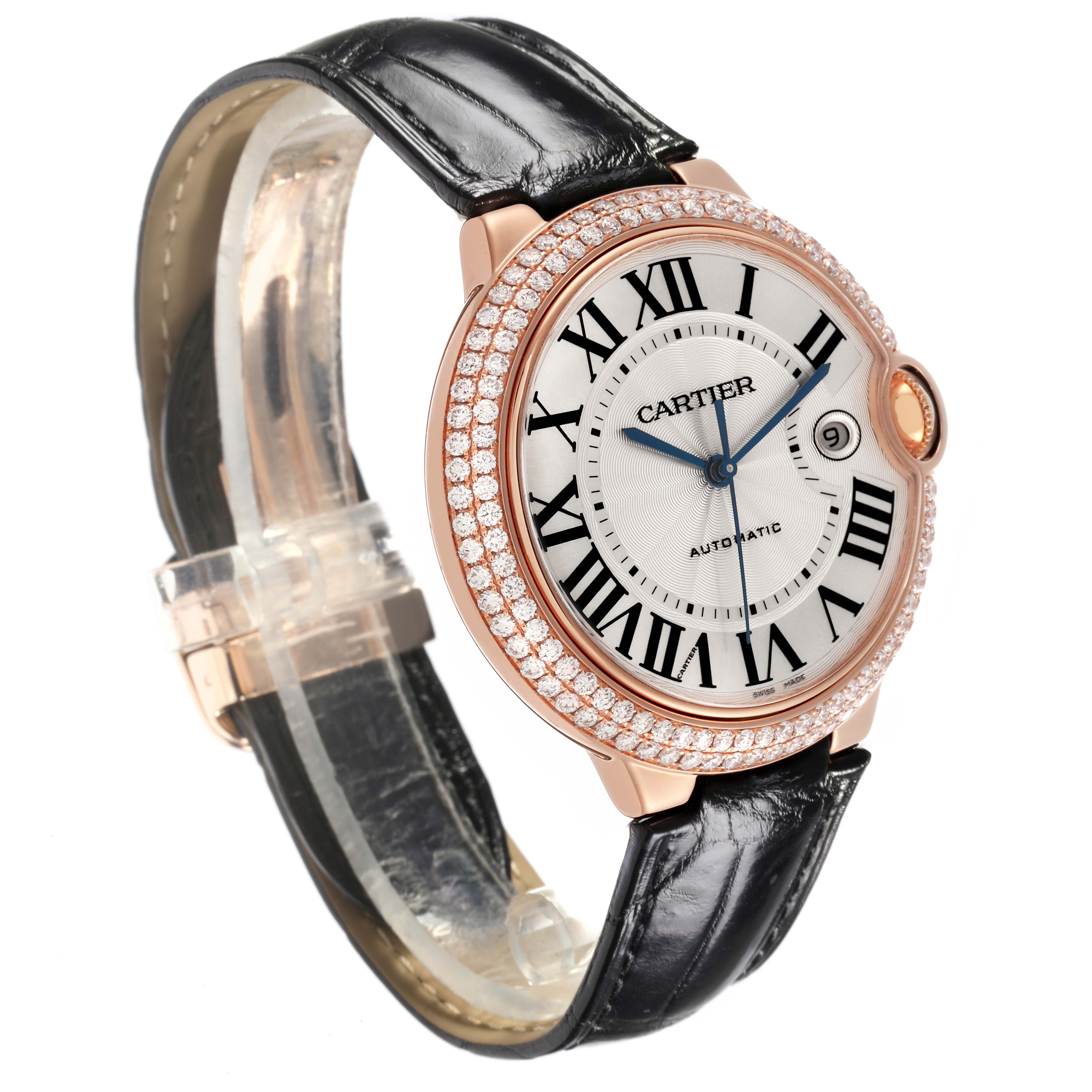 The Cartier Ballon Bleu WE900851 Men's Rose Gold Silver Dial WE900851 Men's Rose Gold Silver Dial watch is shown at a side angle, highlighting its face, crown, strap, and diamond-studded bezel.