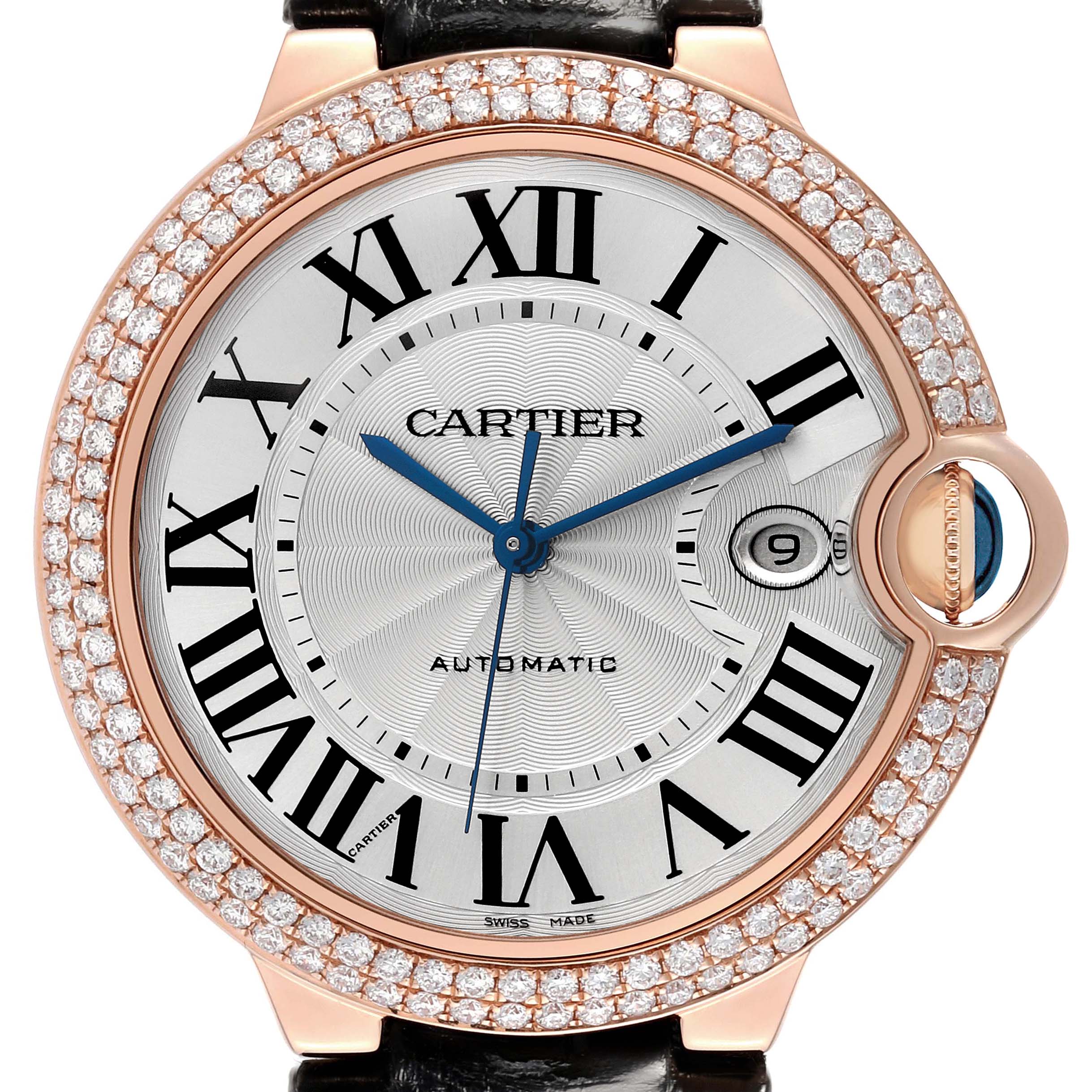 The Cartier Ballon Bleu WE900851 Men's Rose Gold Silver Dial WE900851 Men's Rose Gold Silver Dial watch is shown head-on, displaying the face, Roman numerals, and diamond-studded bezel.